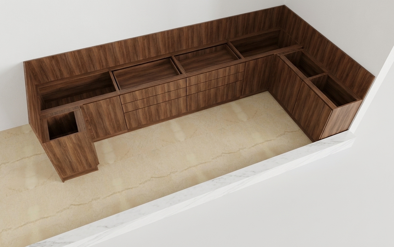 Photorealistic architectural photograph of the bare, undecorated wooden kitchen cabinet base layout, maintaining the exact high-angle perspective, geometry, and unadorned setup without adding any props or decor. The scene features authentic dark walnut wood grain textures on the cabinet carcasses and backsplash, paired with a soft sheen across the beige stone floor. Balanced, natural diffused interior lighting creates subtle contact shadows and highlights the clean, matte surfaces with architectural sharpness and true-to-life material realism.