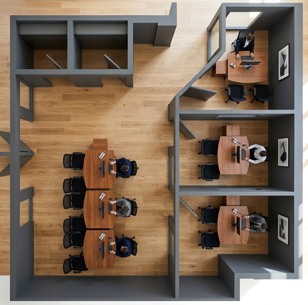 An incredibly lifelike, richly detailed, photorealistic top-down architectural photograph of an open-concept corporate office set in a modern minimalist haven. The scene is illuminated by crisp, natural midday summer light filtering smoothly across the interior, creating a serene, uncluttered, and highly functional atmosphere. Captured with a medium format camera from a direct bird's-eye perspective, emphasizing the warm grain of natural light oak flooring, matte charcoal-gray perimeter walls, and rich, polished timber desks fitted with sleek black mesh ergonomic task chairs. Professionals in sharp business attire work seamlessly at streamlined desks equipped with slim monitors, while the surrounding private cubicles and enclosed executive offices maintain a clean, monochromatic elegance adorned with subtle abstract wall art, clutter-free surfaces, and a harmonious, Zen-inspired layout.