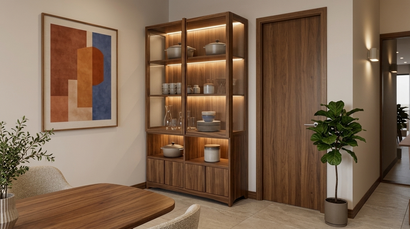 An incredibly lifelike, richly detailed, photorealistic eye-level medium shot of an elevated dining room corner set in a sophisticated mid-century modern home. The scene is illuminated by integrated warm 2700K LED cabinet lighting and soft ambient sconces, creating a cozy, sophisticated, and timeless atmosphere. Captured with a 35mm tilt-shift lens at f/4, emphasizing the rich, organic grain of solid teak and walnut wood, smooth ceramic glazes, and polished surfaces.

The reimagined space elevates the setting with an iconic, sleek walnut vitrine featuring fluted glass accents, curated minimalist ceramics, and stacked vintage photography books. The adjacent blank wall is energized by a large, framed abstract canvas displaying geometric forms in earthy terracotta, burnt orange, and muted cobalt blue. A sculpted teak dining table with soft, organic curves is paired with tailored dining chairs in a textured, muted oat boucle fabric. A lush, potted fiddle-leaf fig adds vibrant greenery beside the seamlessly integrated wooden door, achieving a balanced, uncluttered, and effortlessly retro-functional aesthetic.