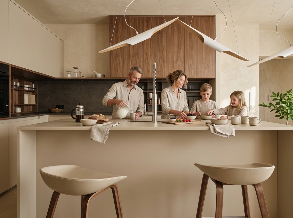 An incredibly lifelike, richly detailed, photorealistic medium-wide architectural shot of a contemporary Boho Japandi kitchen set in a sun-drenched, high-end residential interior. The scene is illuminated by soft, indirect midday summer sunlight filtering gracefully across the room, creating an organic, serene, and warm atmosphere. Captured with a 45mm tilt-shift lens on a full-frame sensor, emphasizing the powdery micro-textures of mineral plaster, tactile walnut grains, and delicate linen folds, the composition showcases a unified architectural envelope where walls and ceiling flow seamlessly together in a handcrafted, warm creamy-oatmeal mineral finish inspired by Jeger Shabby Chic Fluff. 

The monolithic kitchen island, finished in a complementary ultra-matte sand-beige lacquer, anchors the space alongside sculptural solid walnut saddle stools and distinctive, sweeping white-and-wood winged pendant fixtures. Rich, vertically grained walnut upper cabinetry and a recessed dark matte backsplash introduce refined depth without disrupting the harmonious, earthy monochromatic palette. Engaging in an unforced, quiet domestic routine, a family of four naturally inhabits the space: the father casually pours a drink from a ceramic pitcher, the mother gently arranges fresh berries in a bowl, and the two children share a lighthearted morning conversation across the island counter. Dressed in relaxed, high-quality linen garments in shades of flax and soft stone, the family brings authentic domestic life and human scale to the pristine, editorial-worthy design. Ceramic tableware, a rustic loaf of artisan bread, a glass French press, and a lush green potted plant at the edge of the frame add delicate lifestyle layers, culminating in a balanced, timeless interior that radiates quiet luxury and architectural harmony.