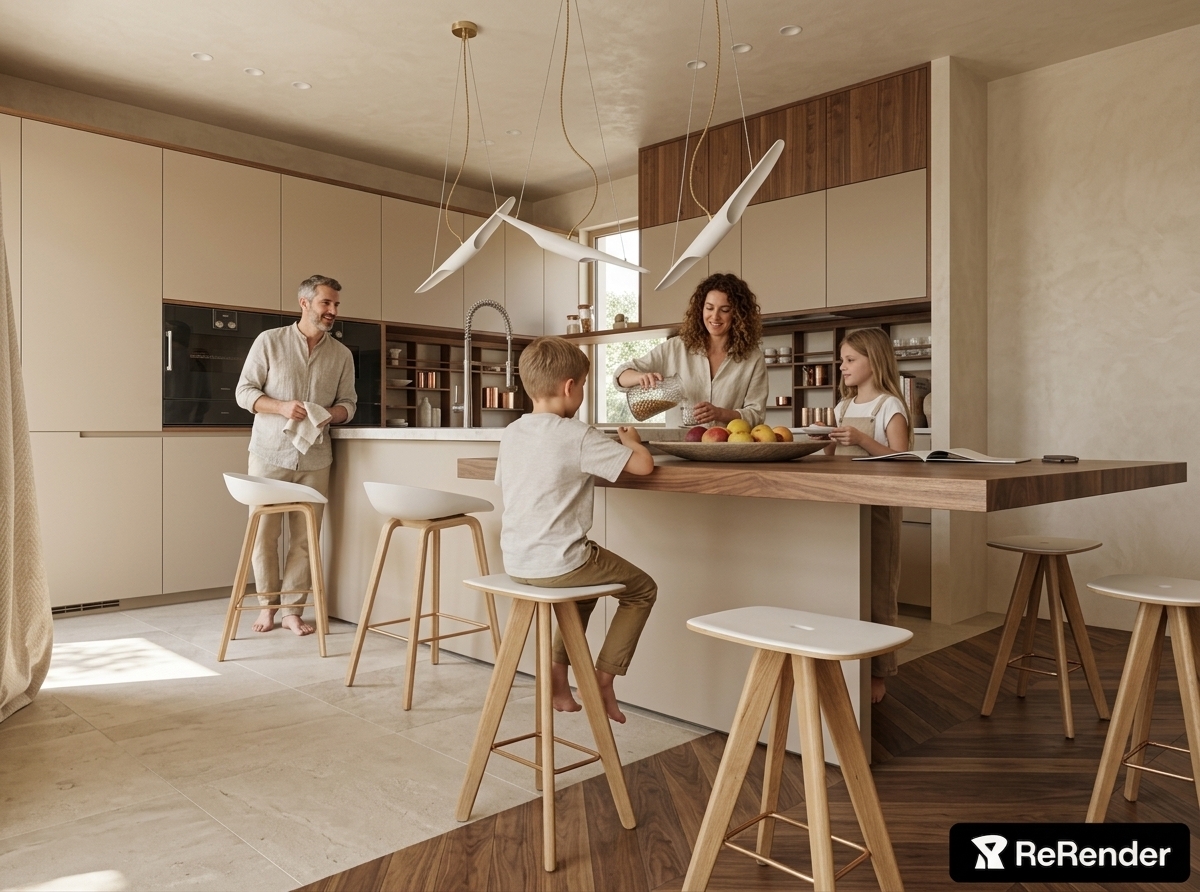 An incredibly lifelike, richly detailed, photorealistic wide-angle interior architectural photograph of a luxury Boho-Japandi kitchen set in a sunlit modern residence. The scene is illuminated by soft, warm midday summer daylight balanced with delicate interior accent lighting, creating a serene, inviting, and organic atmosphere. Captured with a professional full-frame camera and a 24mm tilt-shift architectural lens, emphasizing the seamless creamy-beige mineral plaster across the continuous walls and ceiling, the refined ultra-matte sand cabinetry, and the deep, tactile grain of rich walnut millwork. A cantilevered natural wood dining island bridges a graceful transition between large-format limestone floor tiles and classic chevron parquet, crowned by sculptural white-and-brass pendant fixtures. A family of four naturally inhabits the space during an authentic domestic moment—the mother preparing a light snack beside a ceramic fruit bowl, the father leaning comfortably near the built-in cabinetry, and their two children seated casually along the bespoke wooden counter stools—evoking the refined, effortless lifestyle of a high-end architectural publication.