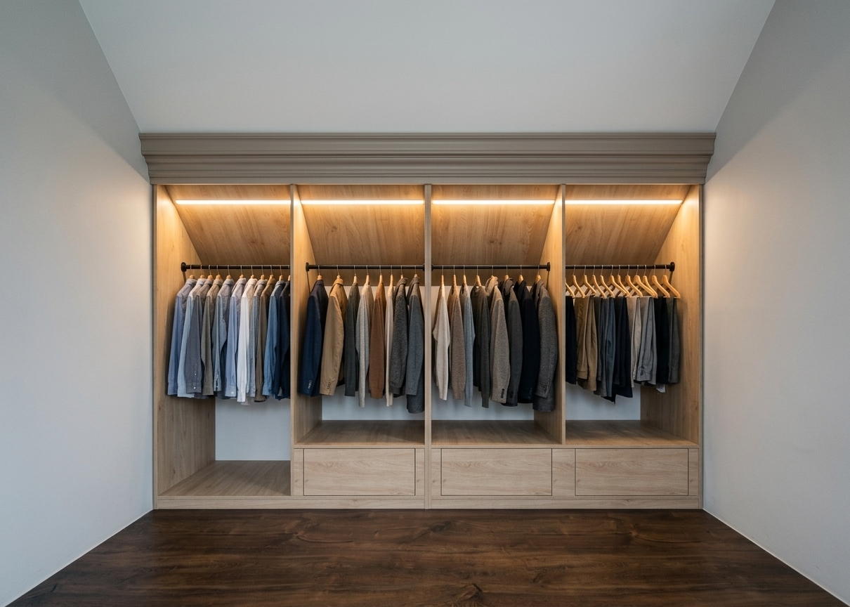 An eye-level architectural interior photograph capturing the exact built-in light oak wardrobe fitted under the sloped ceiling, fully preserving the structure, geometry, and dark wood flooring. Various casual and formal garments on hangers hang neatly from the black metal rods across the compartments. Warm, integrated linear LED strip lighting glows softly from the upper recesses, casting realistic downlight, soft highlights, and subtle shadows through the textured fabric of the hanging clothes and across the matte wood grain surfaces. The scene features balanced indoor ambient light, realistic tactile material physics, crisp focal sharpness, and faint natural film grain.