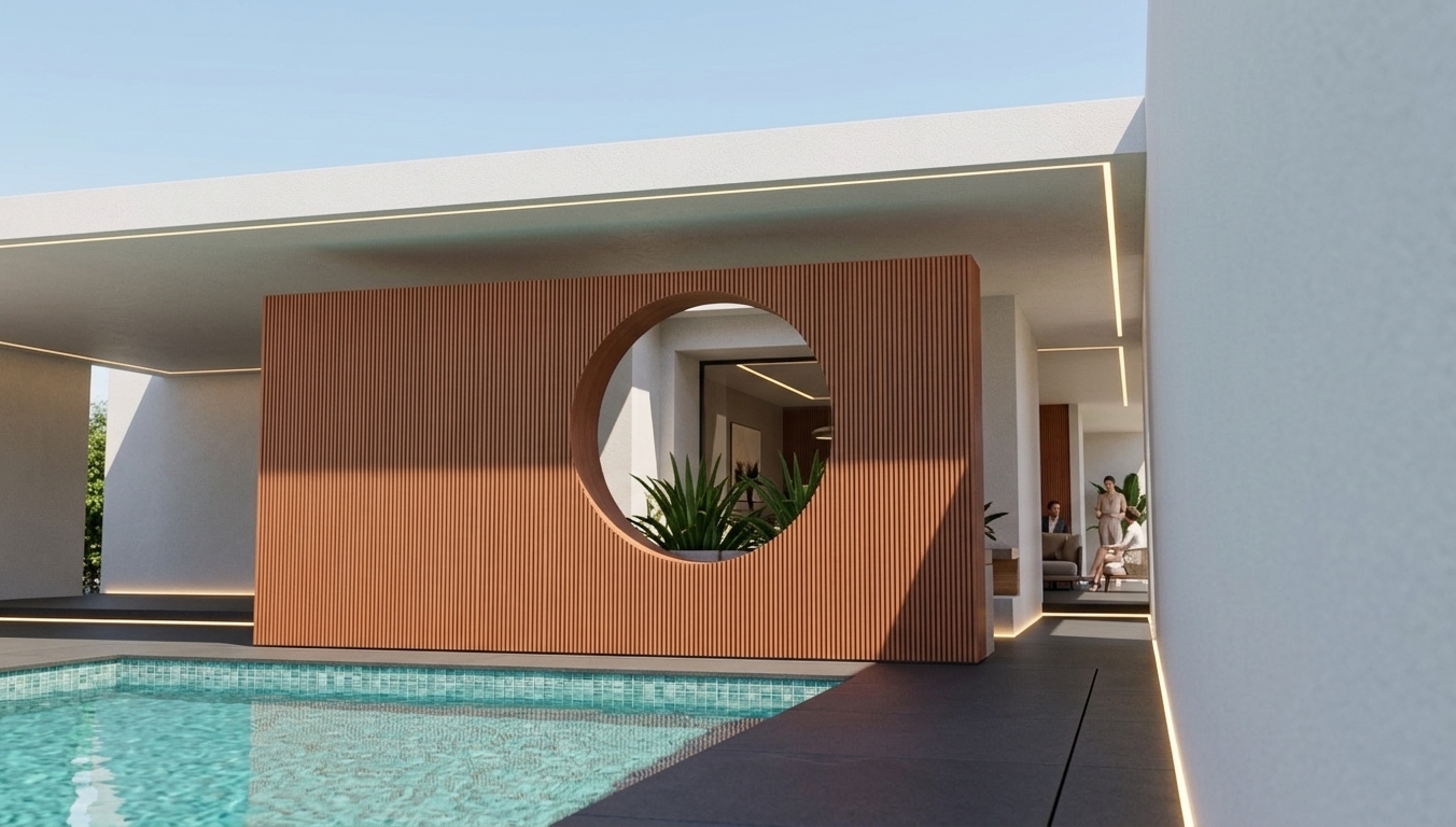 An incredibly lifelike, richly detailed, photorealistic wide-angle architectural shot of a modern outdoor pool terrace set in a luxurious contemporary summer residence. The scene is illuminated by bright, clear midday sunlight complemented by subtle, warm linear LED lighting integrated into the architectural recesses, creating a serene and sophisticated resort atmosphere. Captured with a 35mm architectural tilt-shift lens, emphasizing the fine vertical grain of the rich terracotta-toned WPC fluted lambrin cladding on the geometric feature wall and the smooth, elegant texture of the surrounding dark matte granite decking. Through the striking circular moon-gate cutout, lush green foliage and an inviting, stylishly decorated interior corner are framed with crisp precision. In the foreground, crystal-clear turquoise pool water with shimmering mosaic waterline tiles reflects the clean lines of the cantilevered white roof canopy, while a few elegantly dressed guests lounge subtly in the background, fully bringing this modern oasis to life.