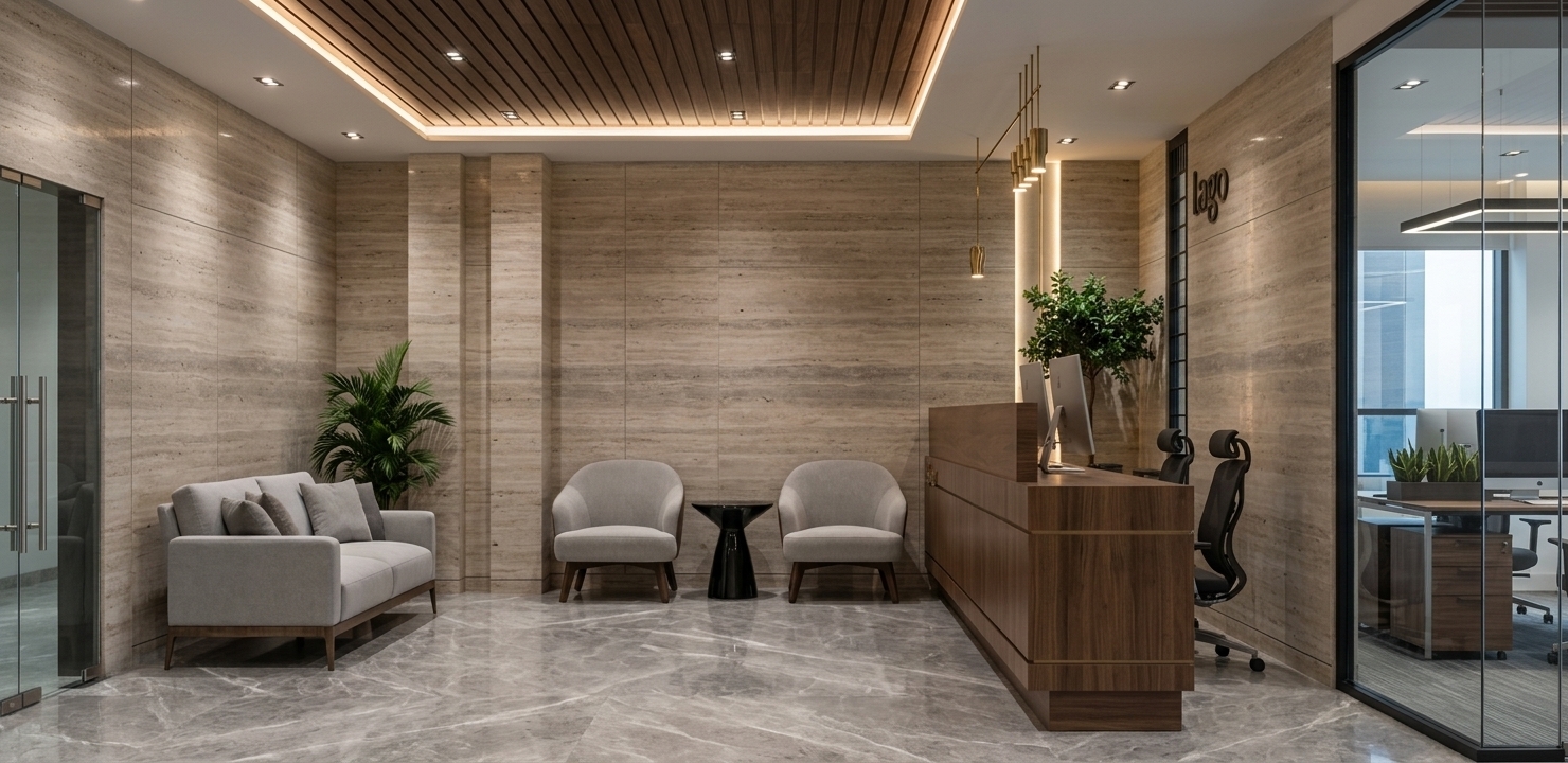 An incredibly lifelike, richly detailed, photorealistic wide-angle interior shot of a sophisticated contemporary reception lobby and waiting lounge set in a high-end corporate office suite. The scene is illuminated by warm recessed ceiling downlights, soft perimeter cove lighting framing a rich dark-walnut ceiling inset, and sleek sculptural brass pendant lamps, creating a refined, balanced, and serene atmosphere. Captured with a professional 24mm architectural tilt-shift lens, emphasizing the delicate veining of the polished grey stone flooring, horizontal-banded travertine wall panels, and elegant dark wood millwork. To the left, a tailored light-gray sofa, pair of sculpted accent armchairs, and a glossy black hourglass side table offer comfortable hospitality beside a lush potted palm, while on the right, a clean-lined wooden reception counter sits adjacent to floor-to-ceiling glass partitions revealing an airy, state-of-the-art private workstation beyond.