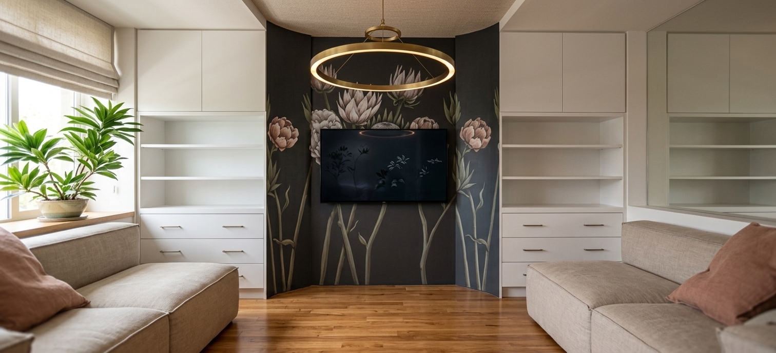 An incredibly lifelike, richly detailed, photorealistic wide-angle interior shot of a Japanese Zen-inspired contemporary living room set in a serene urban residence. The scene is illuminated by the soft, diffused daylight pouring in from a side window dressed with neat Roman blinds and the warm, ambient glow of a sculptural dual-ring brass halo pendant fixture suspended from the textured ceiling, creating a tranquil, deeply balanced, and wabi-sabi atmosphere. Captured with a professional full-frame camera and a 24mm tilt-shift lens, emphasizing the fine weave of the neutral beige linen modular sofas, the warm grain of the polished hardwood flooring, and the rich matte finish of the dark botanical feature wall. Flanking the central wall-mounted television are floor-to-ceiling minimalist custom white cabinetry and open shelving, bringing an uncluttered, harmonious order to the space. Opposing low-profile sofas with muted terracotta-toned accent cushions invite calm relaxation, while a vibrant indoor leafy green plant rests gracefully along the sunlit window ledge, perfecting the room’s seamless blend of traditional Japanese aesthetic simplicity and modern organic elegance.
