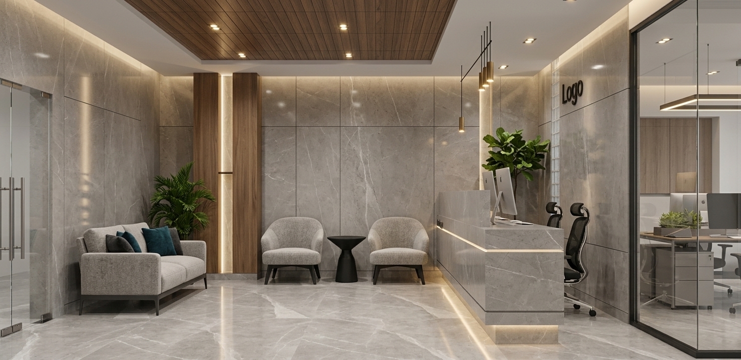An incredibly lifelike, richly detailed, photorealistic wide-angle interior shot of an executive reception and waiting lounge set in a sophisticated contemporary office suite. The scene is illuminated by warm recessed ceiling spotlights, soft ambient perimeter cove lighting, and sleek pendant fixtures, creating a refined, calm, and professional atmosphere. Captured with a 24mm architectural lens, emphasizing the fine veining of the silver-gray polished stone walls and floor, rich walnut wood ceiling insets, and crisp transparency of the adjacent glass-walled office. The space features a tailored pearl-gray sofa with plush accent cushions, a pair of minimalist tub chairs flanking a sculptural black pedestal table, and a clean-lined stone-front reception desk fitted with dual monitors, all harmoniously balanced by vibrant indoor greenery and subtle metallic accents for an aesthetic of understated luxury.