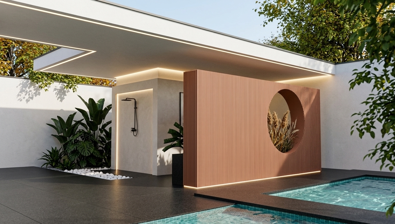 An incredibly lifelike, richly detailed, photorealistic wide-angle architectural shot of a luxurious modern fusion outdoor pool lounge set in a private courtyard during a crisp autumn midday. The scene is illuminated by bright, clear natural sunlight paired with soft, warm recessed LED glow lining the cantilevered ceiling, creating an inviting, serene, and sophisticated atmosphere. Captured with a professional 24mm tilt-shift lens, emphasizing tactile material finishes—from the seamless matte dark granite deck to the finely textured terracotta-toned WPC fluted wood-composite accent wall featuring a striking circular architectural cutout. The adjacent outdoor shower niche showcases smooth neutral textured plaster, a sleek matte black rain shower fixture, and a drainage bed filled with pristine white river stones, while the turquoise waters of the tiled pool subtly ripple in the foreground, framing lush green foliage that breathes life into the crisp, modern composition.