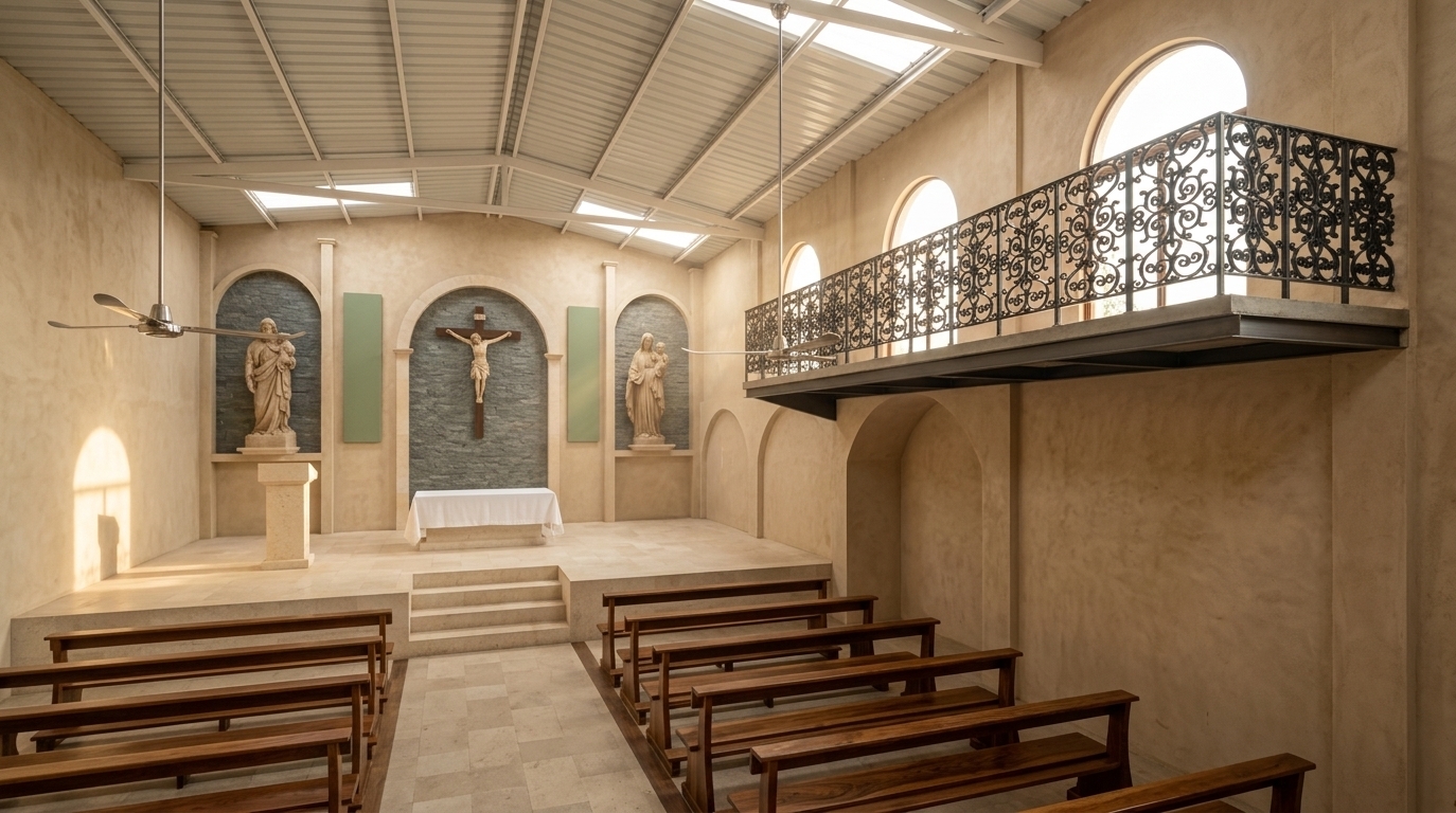 An incredibly lifelike, richly detailed, photorealistic wide-angle interior shot of a serene chapel sanctuary set in a contemporary spiritual retreat. The scene is illuminated by radiant, natural sunlight streaming through high arched windows and overhead skylights, creating a peaceful, reverent atmosphere with soft, warm golden shadows stretching across the textured beige stucco walls. Captured with a professional 24mm tilt-shift architectural lens, emphasizing the rich grain of the dark polished timber pews, the intricate matte-black wrought-iron scrollwork lining the elevated choir loft, the tactile slate-grey stone accent wall framing the central crucifix, and the clean industrial lines of the exposed white steel roof trusses and pendant ceiling fans overhead.