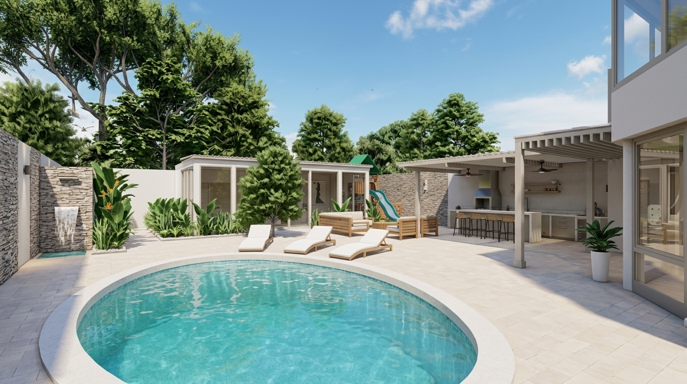 An incredibly lifelike, richly detailed, photorealistic wide-angle landscape photo of a modern fusion outdoor patio set in a luxurious private backyard during a sunny spring day. The scene is illuminated by crisp, direct midday sunlight casting subtle shadows under a vibrant blue sky with soft clouds, creating an open, refreshing, and sophisticated resort-like atmosphere. Captured with a high-resolution architectural camera and ultra-wide lens, emphasizing the crystal-clear turquoise waters of the oval pool, textured stacked-stone walls, smooth light-toned paving, and clean geometric structures. The expansive open-concept living space features an integrated outdoor kitchen and bar under a sleek pergola, minimalist white loungers, warm modular wooden seating, and a backdrop of dense lush greenery accented by a colorful modern children's play structure.