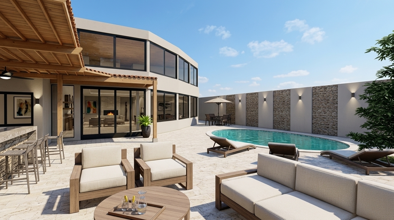 An incredibly lifelike, richly detailed, photorealistic wide-angle architectural photograph of a luxurious outdoor patio and pool deck set in the expansive courtyard of a sleek contemporary villa. The scene is illuminated by bright, clear midday spring sunlight casting clean, geometric shadows, creating a sophisticated, tranquil, and resort-like atmosphere. Captured with a professional full-frame camera and a wide-angle tilt-shift lens, emphasizing the rich textures of warm natural timber, smooth limestone pavers, polished black metal finishes, and crystalline water. In the foreground, an inviting modular lounge setting features crisp off-white cushioned wooden armchairs and a modern round coffee table, while an adjacent sheltered pergola houses an industrial-inspired outdoor bar with minimalist barstools. Across the open sun deck, an elegant oval pool is flanked by sleek sun loungers, framed in the background by a rhythmic boundary wall composed of alternating stone textures and vertical accent panels illuminated by modern exterior sconces under a vibrant blue sky.