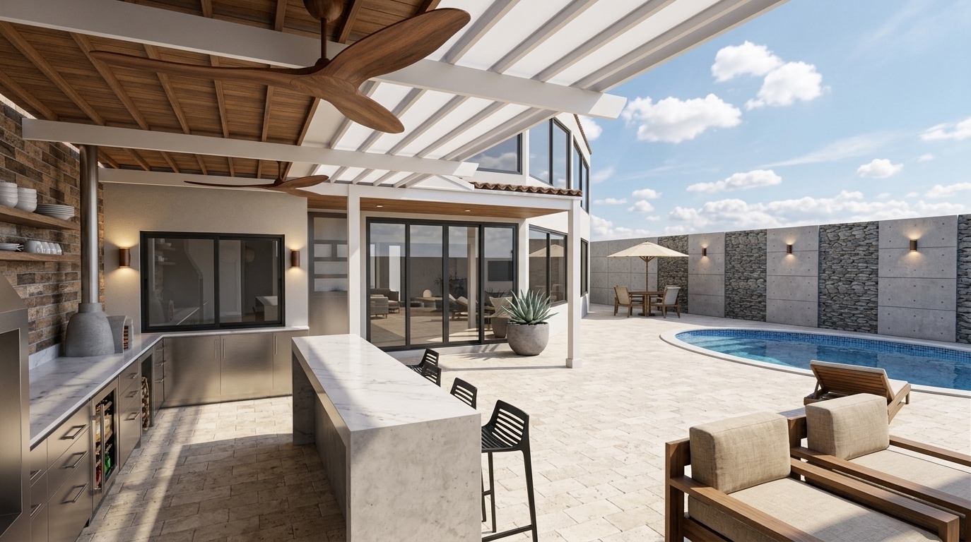 An incredibly lifelike, richly detailed, photorealistic wide-angle architectural shot of an open-concept luxury outdoor patio and pool deck set in a private contemporary residence during a bright spring midday. The scene is illuminated by crisp, natural overhead sunlight complemented by warm exterior wall sconces, creating a sophisticated, serene, and sun-drenched atmosphere. Captured with a high-end full-frame camera and an ultra-wide prime lens, emphasizing the rich contrast between the sleek white waterfall marble island, brushed metallic cabinetry, warm textured stone, and light-toned travertine pavers. 

Under a crisp white louvered pergola equipped with sculptural curved wooden ceiling fans, a modern fusion outdoor kitchen features stainless steel appliances, a pizza oven, and minimalist black geometric bar stools. The expansive terrace opens onto a sleek curvilinear swimming pool and plush outdoor loungers, framed by a striking feature wall composed of alternating textured stonework and smooth modular panels, embodying a dynamic, clean, and elegant design worthy of a luxury photography book.