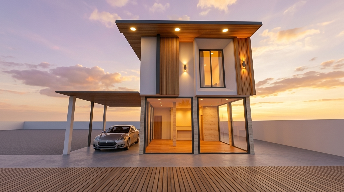An incredibly lifelike, richly detailed, photorealistic eye-level architectural shot of a modern minimalist mixed-use building set in a refined urban streetscape during a warm summer evening. The scene is illuminated by the soft golden glow of the setting sun combined with the radiant, amber light beaming from the interior spaces and stylish vertical exterior wall sconces, creating an inviting, serene, and sophisticated atmosphere. Captured with a professional full-frame camera and a 24mm tilt-shift lens, emphasizing the rich contrast between smooth matte white stucco, vertical warm-toned natural teak wood cladding, refined beige travertine stone accents, and crystal-clear architectural glazing. The ground level features an elegant commercial storefront enclosed by expansive floor-to-ceiling glass display windows that offer transparent views into a warmly lit, minimalist boutique interior with polished wooden floors, while the left extended canopy functions as a sheltered carport housing a sleek, modern luxury vehicle parked on smooth poured concrete. Above, the upper residential floor boasts a beautifully sculpted cantilevered volume with a deep-set picture window, framed seamlessly within crisp white and dark charcoal borders and flanked by warm slatted timber privacy panels, all sheltered beneath an extended flat roof with an illuminated timber soffit that softly glows against a breathtaking sunset sky tinted with soft lilac and golden amber clouds.