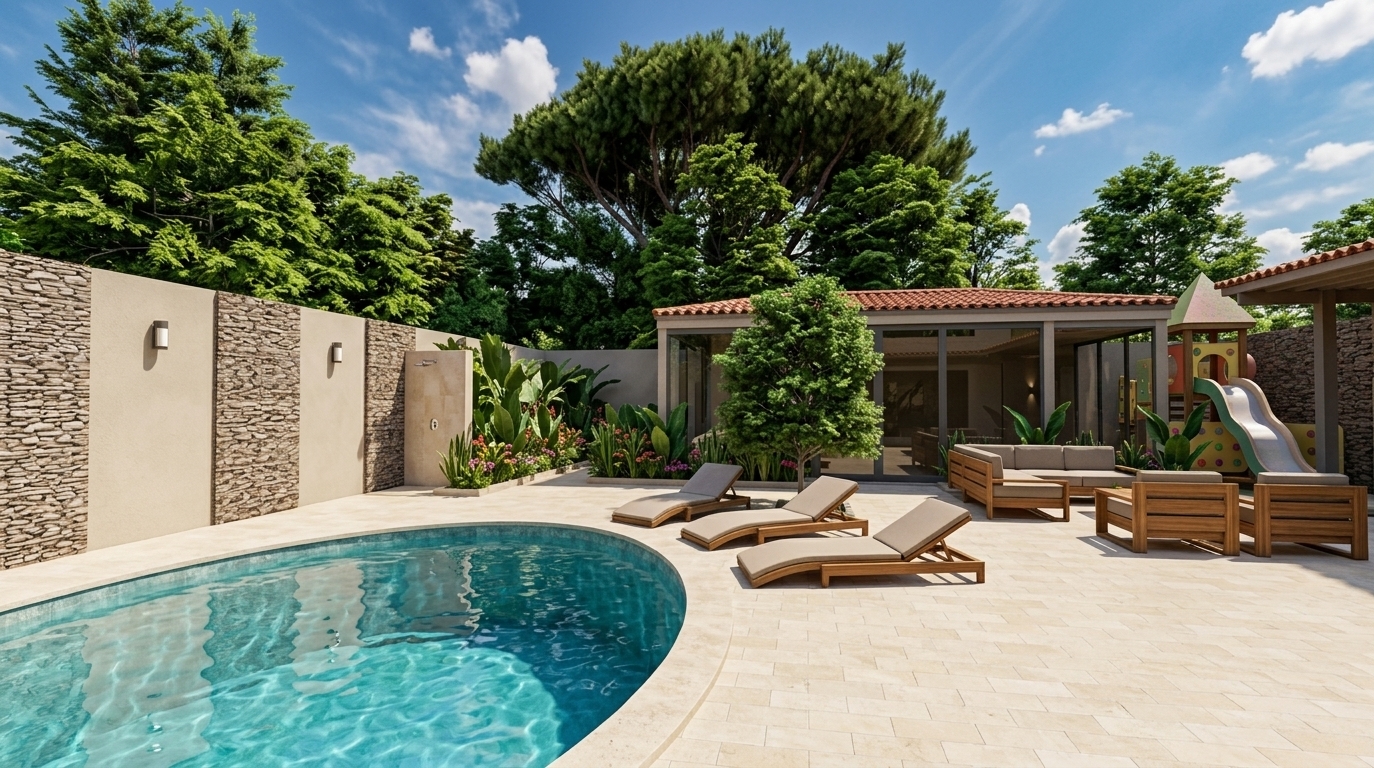 An incredibly lifelike, richly detailed, photorealistic landscape photo of a sleek modern fusion outdoor patio set in a luxurious backyard retreat during a vibrant spring day. The scene is illuminated by crisp, radiant midday sunlight casting soft natural shadows under a dynamic blue sky, creating a serene, upscale, and airy atmosphere. Captured with a professional wide-angle architectural lens, emphasizing the rich contrast between the stacked stone feature walls, smooth travertine tile paving, and the rippling crystal-clear turquoise waters of the curved swimming pool. Minimalist wooden lounge chairs and modular contemporary seating furnish the expansive deck, while lush surrounding greenery, an outdoor stone shower, and a colorful children's playground slide in the background complete this harmonious blend of bold geometry, urban elegance, and relaxed outdoor living.