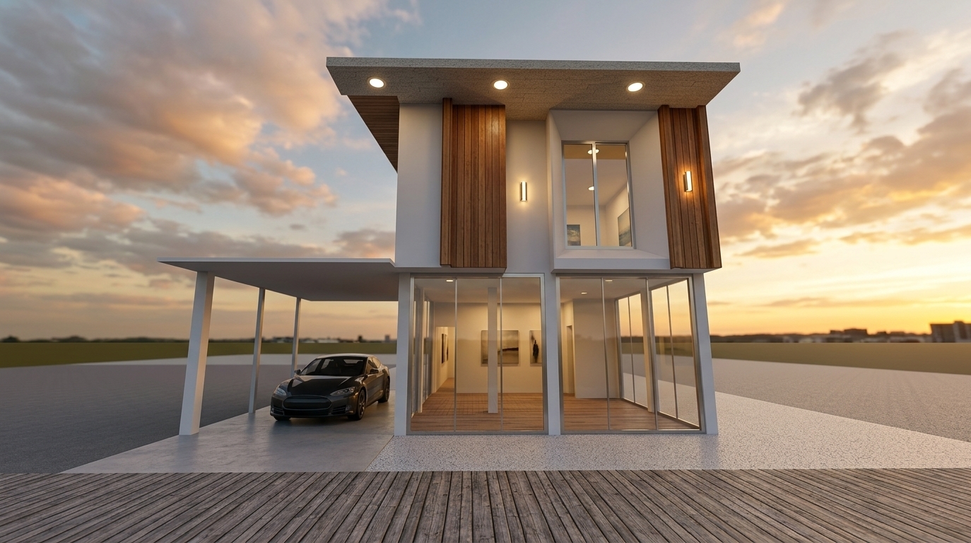 An incredibly lifelike, richly detailed, photorealistic eye-level exterior shot of a modern minimalist mixed-use building set in a serene, contemporary urban landscape during a warm summer golden hour. The scene is illuminated by the soft, ambient glow of a dramatic sunset harmonized with warm interior light and radiant vertical wall sconces, creating a sophisticated and welcoming atmosphere. Captured with a professional 24mm tilt-shift lens on a full-frame architectural camera, emphasizing the crisp geometric lines, smooth matte-white painted surfaces, and rich, warm-toned vertical timber cladding accentuating the residential upper floor. Below, the ground floor serves as an elegant commercial space enclosed by expansive, crystalline floor-to-ceiling glass partitions that subtly reflect the evening sky while revealing a softly lit, inviting interior. To the left, sheltered beneath the clean, cantilevered carport structure, a sleek modern vehicle is parked neatly on a polished concrete driveway. Overhead, the crisp white soffit ceilings feature recessed circular downlights that cast gentle ambient cones of light across the facade, seamlessly tying together the balance of warm earthy textures, pure white minimalist architecture, and the peaceful evening environment of this stylish haven.