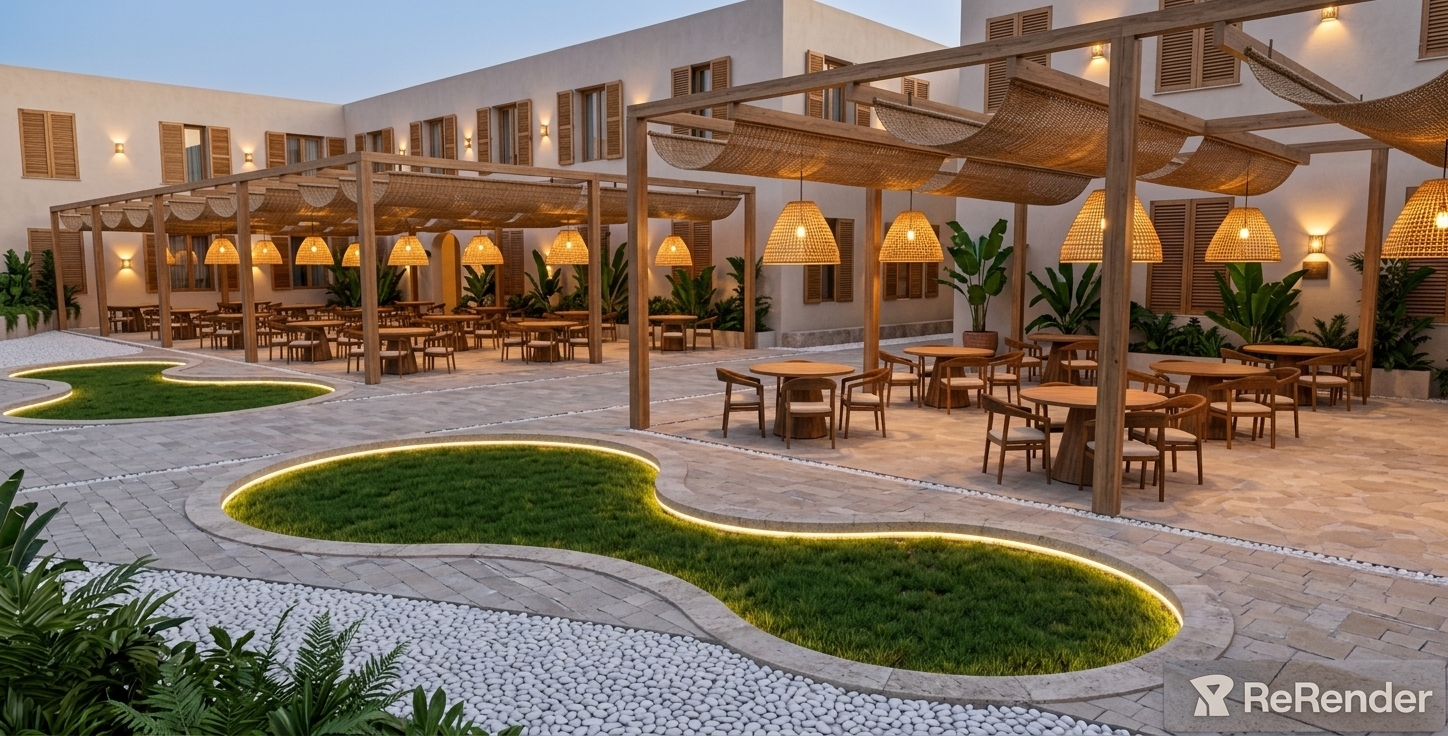An incredibly lifelike, richly detailed, photorealistic wide-angle landscape photograph of a bohemian oasis outdoor patio restaurant set in a luxurious coastal resort courtyard. The scene is illuminated by the warm, golden glow of woven rattan pendant lamps suspended beneath timber pergolas, complemented by subtle architectural wall sconces and radiant LED contour lighting framing the curved grass islands, creating an inviting, tranquil evening atmosphere. Captured with a professional full-frame camera and a 24mm wide-angle lens in ultra-sharp 4K fidelity, emphasizing the intricate textures of the woven wicker shades, the rich natural wood grain of the dining sets and Zanzibar shutters, and the tactile contrast between textured white floor pebbles, smooth stone pavers, and lush green lawn inserts.