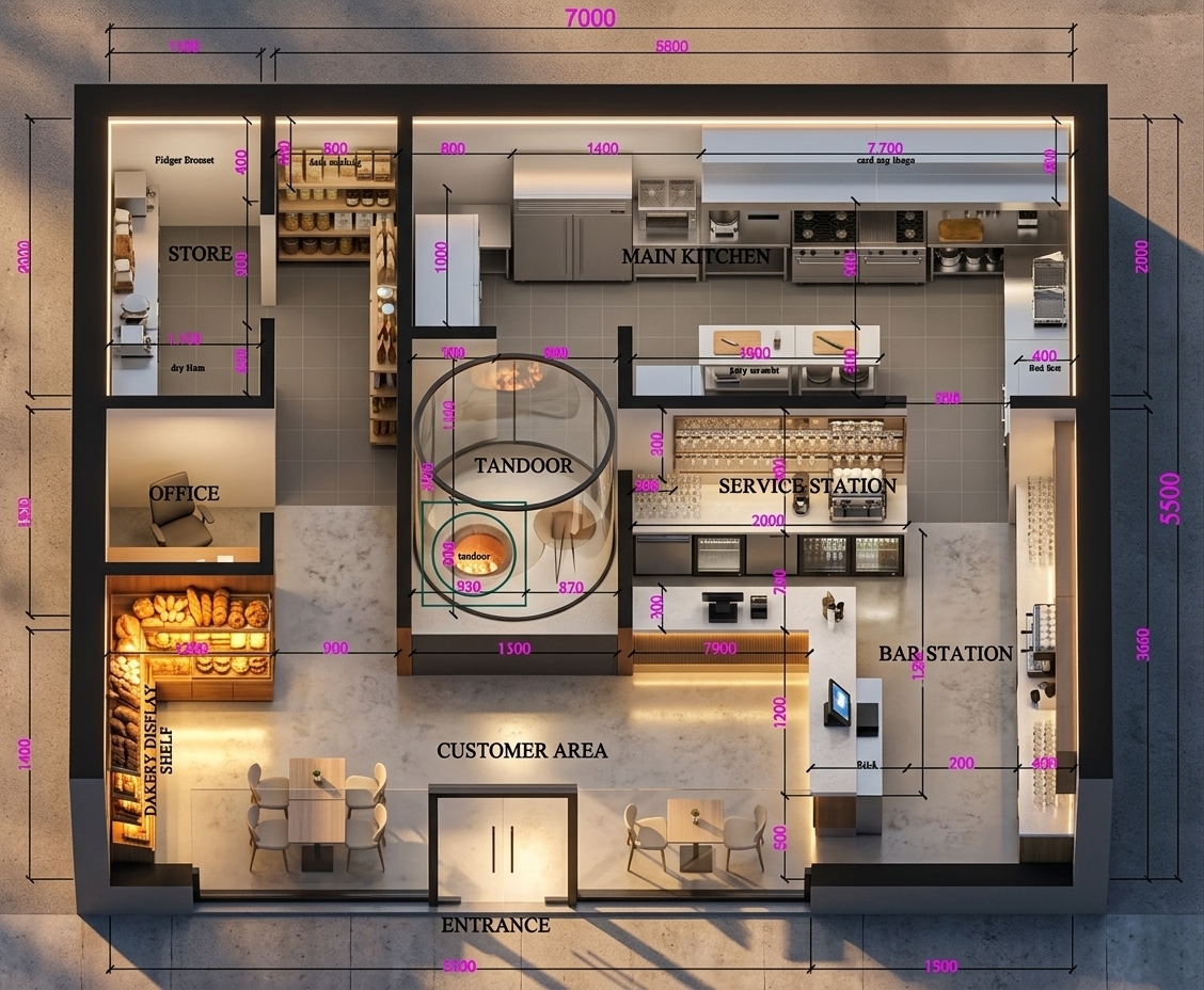 An incredibly lifelike, richly detailed, photorealistic high-angle isometric cutaway photograph of a modern commercial restaurant set in a vibrant urban street front during a golden summer sunset. The scene is illuminated by a dynamic interplay of warm, late-afternoon sunlight filtering through the front double glass entrance, cozy 3000K architectural pendant and cove lighting in the dining lounge, and crisp, clean 4500K overhead LED task panels in the culinary prep zones, creating an inviting, sophisticated, and bustling atmosphere. Captured with a professional 45mm tilt-shift architectural lens, emphasizing the rich contrast between brushed stainless steel, warm natural oak wood grain, polished stone counters, and vibrant emerald and deep sapphire wall accents. In the front customer area, illuminated artisanal bakery shelves glow warmly on the left, while a theatrical, glass-enclosed circular tandoor station commands the center. An elegant L-shaped service and bar counter flows effortlessly to the right, fully appointed with sleek POS displays, sparkling glassware, and integrated under-counter chillers. Just beyond the partition walls, the back-of-house reveals a flawlessly organized commercial kitchen, private managerial office, and dry storage, all rendered with gleaming industrial appliances, organized prep tables, and anti-slip matte grey floor tiles that convey ultimate culinary craftsmanship and modern spatial elegance.
