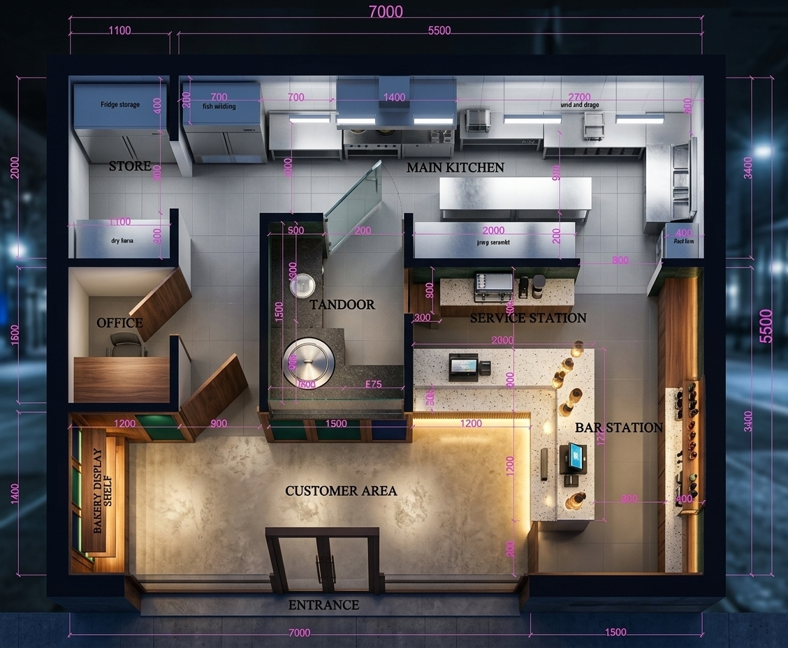 An incredibly lifelike, richly detailed, photorealistic high-angle isometric cutaway photograph of a modern Indian fusion restaurant interior set in an urban commercial space during a summer night. The scene is illuminated by a striking dual-temperature lighting design—warm 3000K golden cove lights and sleek hanging pendants across the front hospitality areas, juxtaposed against bright, pristine 4500K cool-white LED panel lighting in the rear culinary quarters, creating a sophisticated, high-energy, and welcoming atmosphere. Captured with a high-resolution tilt-shift architectural lens from an elevated perspective, emphasizing the gleam of brushed stainless steel prep tables, polished terrazzo surfaces, rich walnut millwork, and vibrant deep emerald and sapphire wall accents. 

At the front, large double glass doors welcome guests into an expansive customer zone featuring warm wood-paneled accents and a custom wall-mounted bakery display illuminated by soft under-shelf LED strips. Central to the space is a glass-partitioned show kitchen housing a circular stainless-and-ceramic tandoor oven set into dark stone counter space, allowing direct viewing from the customer area. Adjacent to it, a seamless L-shaped service counter with a modern POS system extends into a fully stocked bar station on the right. Behind pristine partition walls, the back-of-house reveals a spotless commercial kitchen, dry store, and manager's office, fully outfitted with non-slip grey ceramic floor tiles, sparkling dishwashing stations, and industrial refrigeration units, creating an immaculate balance of functional efficiency and luxury hospitality.