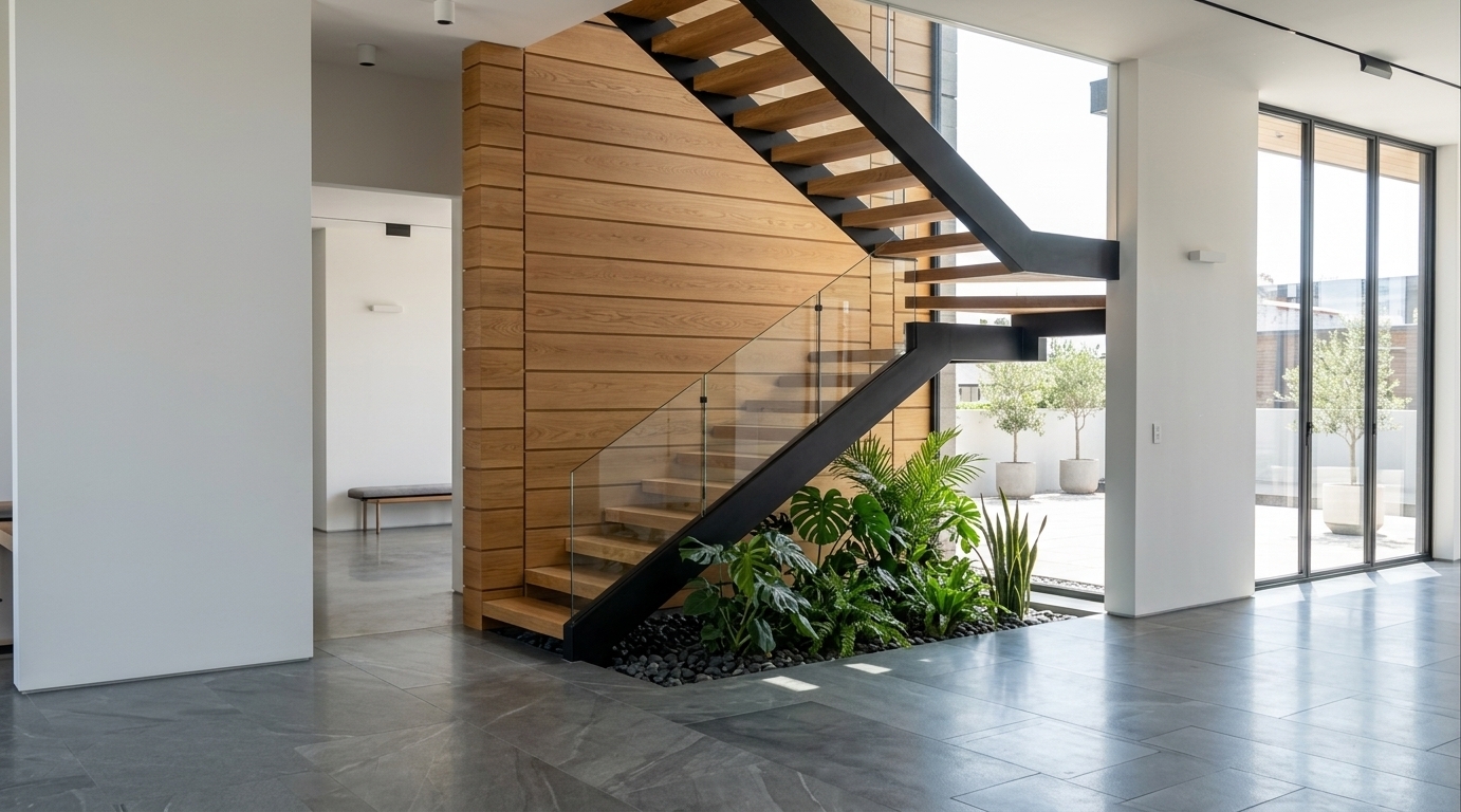 An incredibly lifelike, richly detailed, photorealistic interior eye-level architectural shot of a contemporary elegant mudroom and entryway set in a sunlit modern residence. The scene is illuminated by abundant natural summer midday light streaming through expansive floor-to-ceiling glass patio doors, creating a crisp, airy, and sophisticated atmosphere. Captured with a professional 24mm architectural tilt-shift lens, emphasizing rich material textures, clean geometric lines, and crystal-clear reflections. 

A sculptural floating staircase takes center stage, featuring rich, solid oak timber treads supported by a sleek matte-black steel stringer and complemented by seamless, ultra-clear tempered glass railings. Behind the staircase, a floor-to-ceiling warm horizontal wood slat accent wall adds depth and artisanal warmth. Beneath the flight of stairs, a carefully curated indoor botanical garden thrives in a recessed planter, overflowing with lush tropical greenery, glossy monstera leaves, ferns, and snake plants rooted in dark polished river pebbles. The surrounding floor is finished in elegant large-format honed grey slate tiles that softly reflect the ambient light, seamlessly connecting the indoor space to the sun-drenched outdoor terrace visible through the minimalist black-framed glazing.