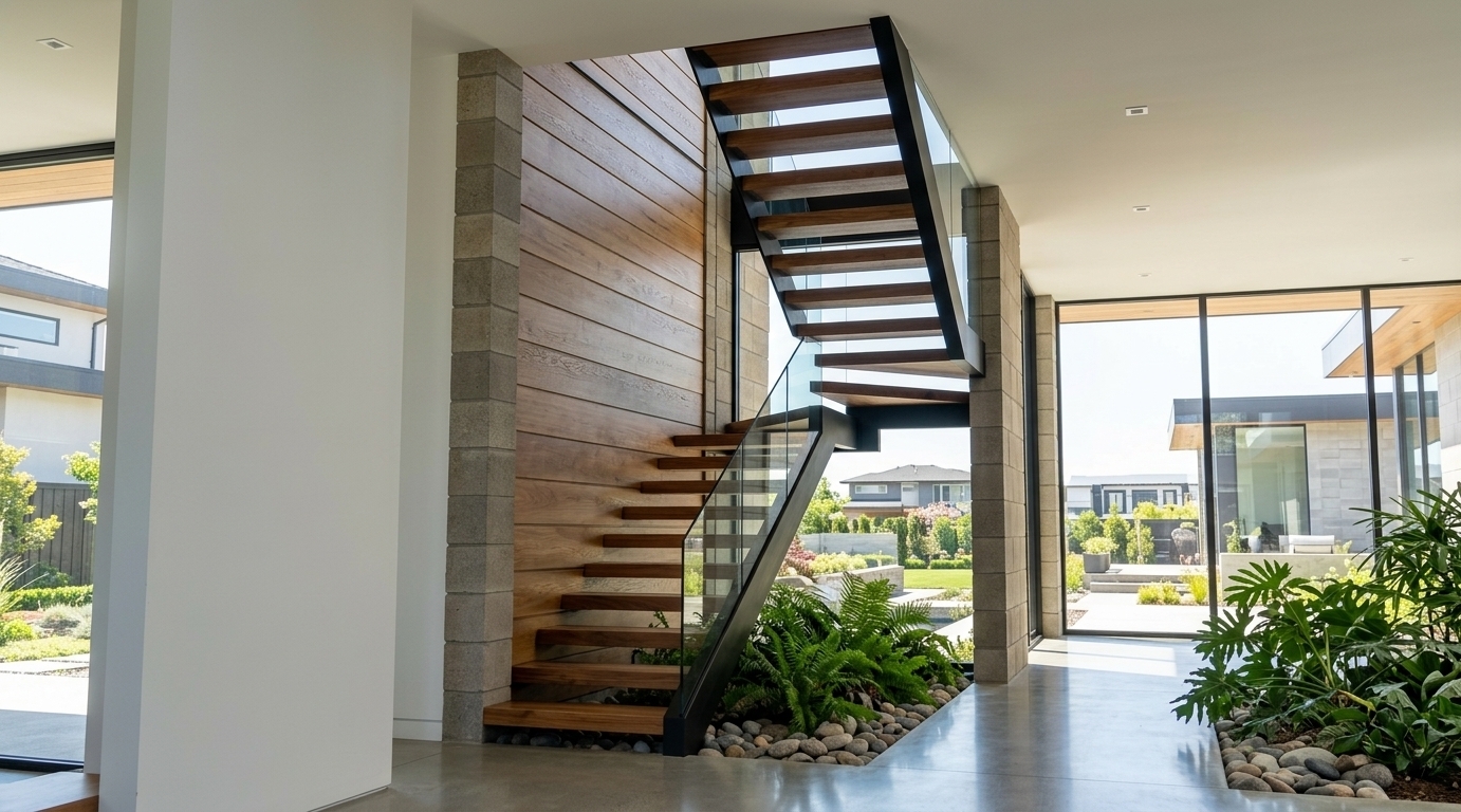 An incredibly lifelike, richly detailed, photorealistic interior shot of an elegant modern architectural staircase set in a sunlit contemporary luxury residence. The scene is illuminated by bright midday summer daylight streaming through expansive floor-to-ceiling windows, creating a fresh, warm, and sophisticated atmosphere. Captured with a professional 24mm architectural lens, emphasizing the rich organic grain of the polished warm-timber floating treads, the subtle reflections on the tempered seamless glass balustrade, and the bold, matte-black steel structural stringer. 

Rising gracefully against a textured horizontal wood-paneled feature wall framed by stone masonry, the switchback staircase hovers above a beautifully landscaped indoor planter bed nestled at its base, teeming with lush green ferns, philodendrons, and decorative river stones. Seamless polished concrete flooring with soft ambient reflections grounds the space, while crisp white minimalist columns and an airy mudroom layout exude understated contemporary elegance and refined spatial depth.