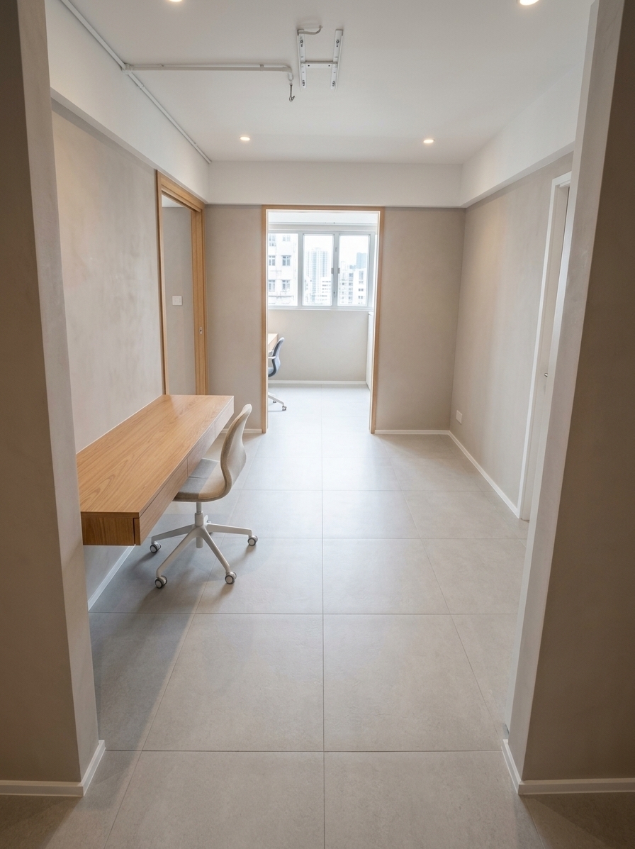 An incredibly lifelike, richly detailed, photorealistic wide-angle interior shot of a transformed minimalist study room set in a contemporary urban apartment. The scene is illuminated by brilliant, diffused natural daylight pouring in through the bright rear window, creating an open, serene, and highly focused atmosphere. Captured with a 24mm architectural lens at f/8, emphasizing crisp lines and clean materials, the reimagined space features smooth plaster walls finished in an elegant, soothing light taupe hue paired with a pristine, flat matte-white ceiling that visually elevates the room. A seamless, continuous floor of matte light-gray square tiles in a precise 30×30 cm grid stretches uniformly throughout the entire area, enhancing the minimalist aesthetic. Anchoring the functional study space, a sleek floating natural oak desk with a modern ergonomic chair sits harmoniously along the side, complemented by subtle recessed warm LED downlights and an open, uncluttered transition toward the luminous balcony nook.