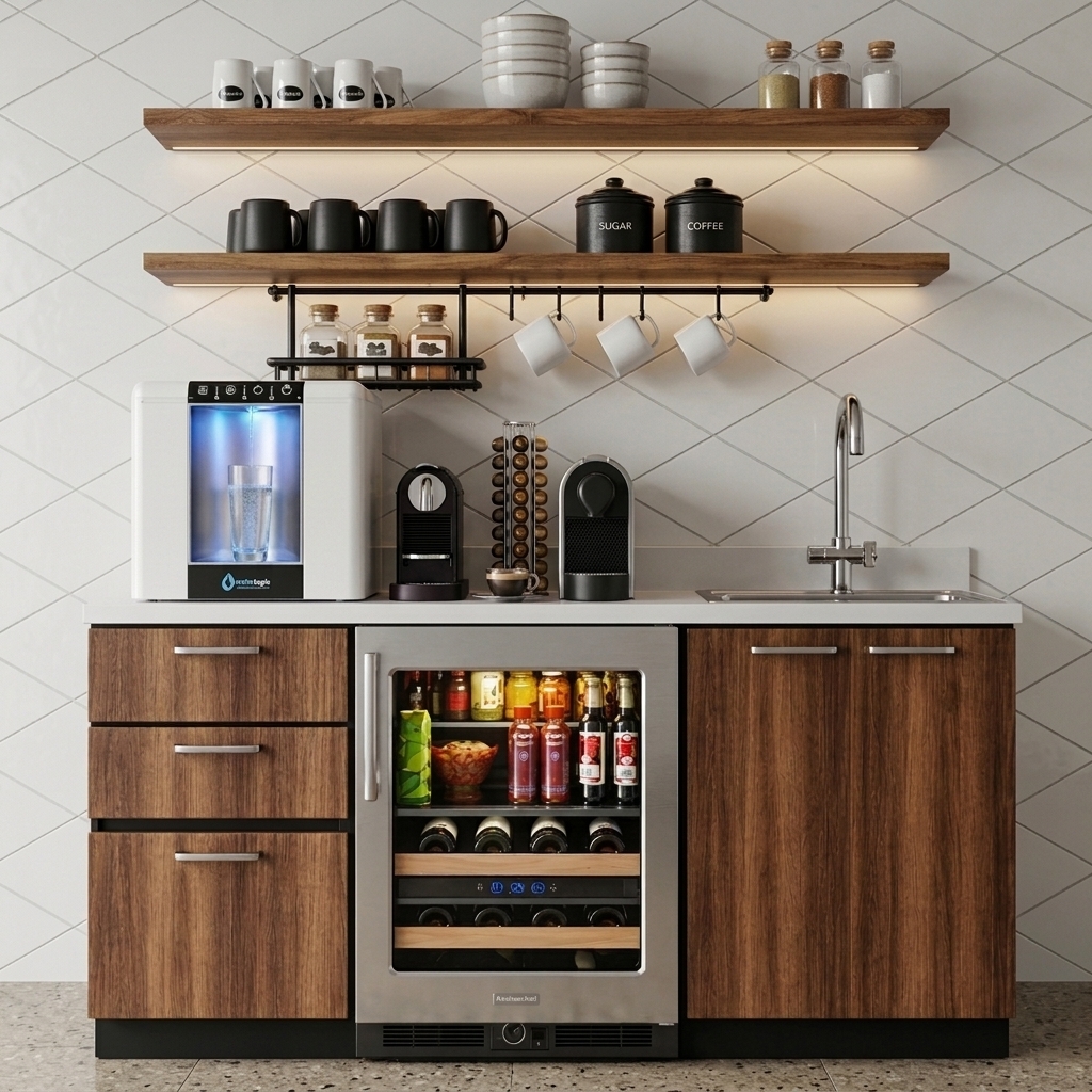 A straight-on architectural interior photograph of the compact coffee station and beverage center, preserving the exact layout, geometry, and materials. The scene is illuminated by warm, integrated under-shelf LED strips and the subtle interior lighting of the glass beverage cooler and water dispenser, creating realistic global illumination and soft shadow falloff against the diamond-patterned tiled wall. Natural surface physics are emphasized through crisp reflections on the stainless steel appliances and chrome faucet, rich tactile wood grain on the cabinetry, and realistic glass refractions. Captured with a sharp 50mm lens, precise white balance, rich dynamic range, and subtle photographic grain for authentic realism.