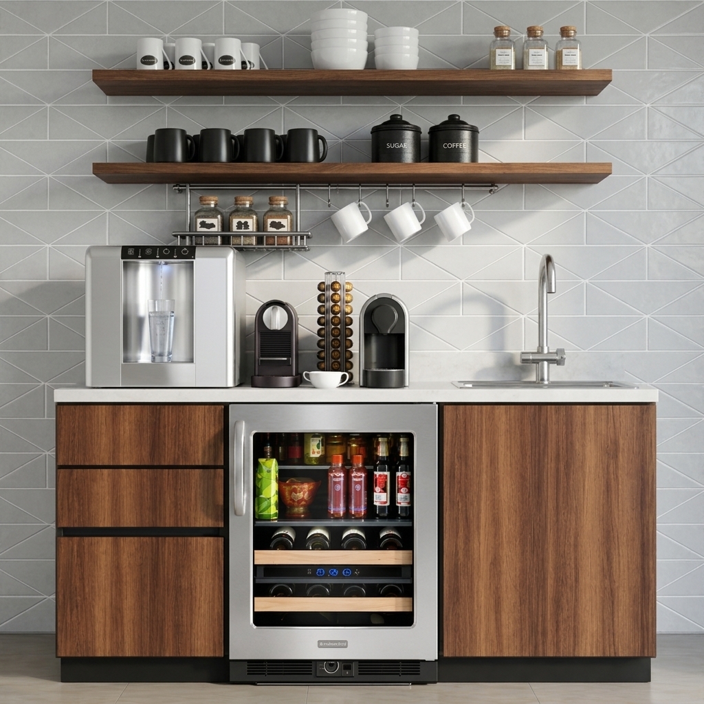 A clean, straight-on architectural photograph of the modern coffee station and wet bar, captured with a sharp 50mm lens under balanced, warm interior ambient light. The handleless rich walnut cabinetry showcases authentic wood grain textures and refined recessed shadow-gap profiles, seamlessly framing the central stainless steel glass-front beverage cooler with realistic reflections and internal illumination. Matte black appliances, glossy ceramic ware, and the brushed chrome faucet exhibit physically accurate material finishes and subtle specular highlights. The water dispenser emits a cool blue LED accent glow across the countertop, while the tiled backsplash and natural wood open shelving are grounded by soft, realistic contact shadows and lifelike global illumination.