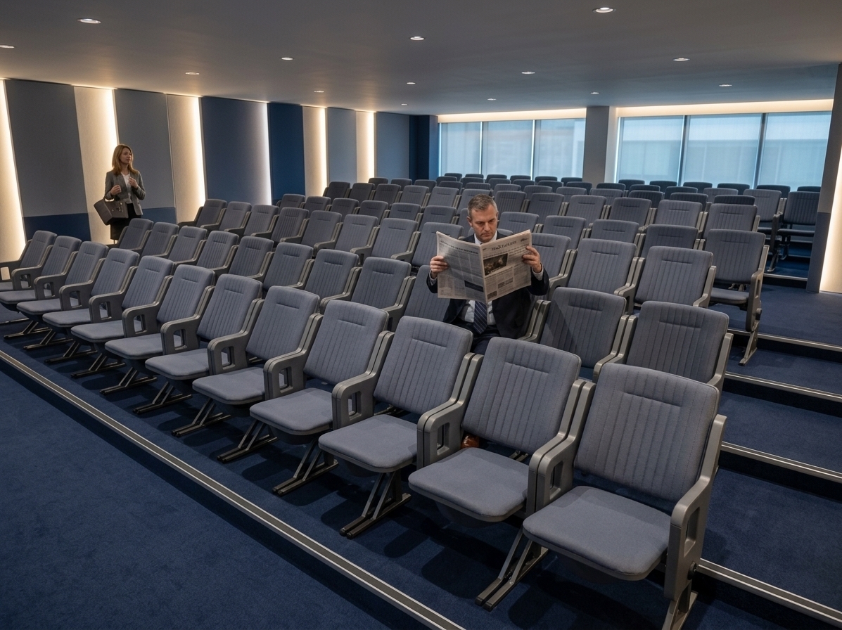 An incredibly lifelike, richly detailed, photorealistic wide-angle interior photograph of a sleek modern auditorium set in a contemporary cultural exhibition center. The scene is illuminated by warm, indirect floor-to-ceiling linear cove lighting recessed between the architectural wall panels, complemented by subtle ceiling downlights, creating a refined and elegant atmosphere. Captured with a full-frame camera and a 24mm tilt-shift lens, emphasizing the rich navy blue carpeted flooring, the rhythmic rows of slate gray upholstered auditorium seats with matte metal hardware, and the layered drywall acoustic wall panels finished in varying shades of sophisticated gray and deep blue accents. The neatly raked seating tiers and balanced perspective convey exceptional spatial depth, while soft directional lighting accentuates the clean geometric lines and contemporary elegance of the entire hall.