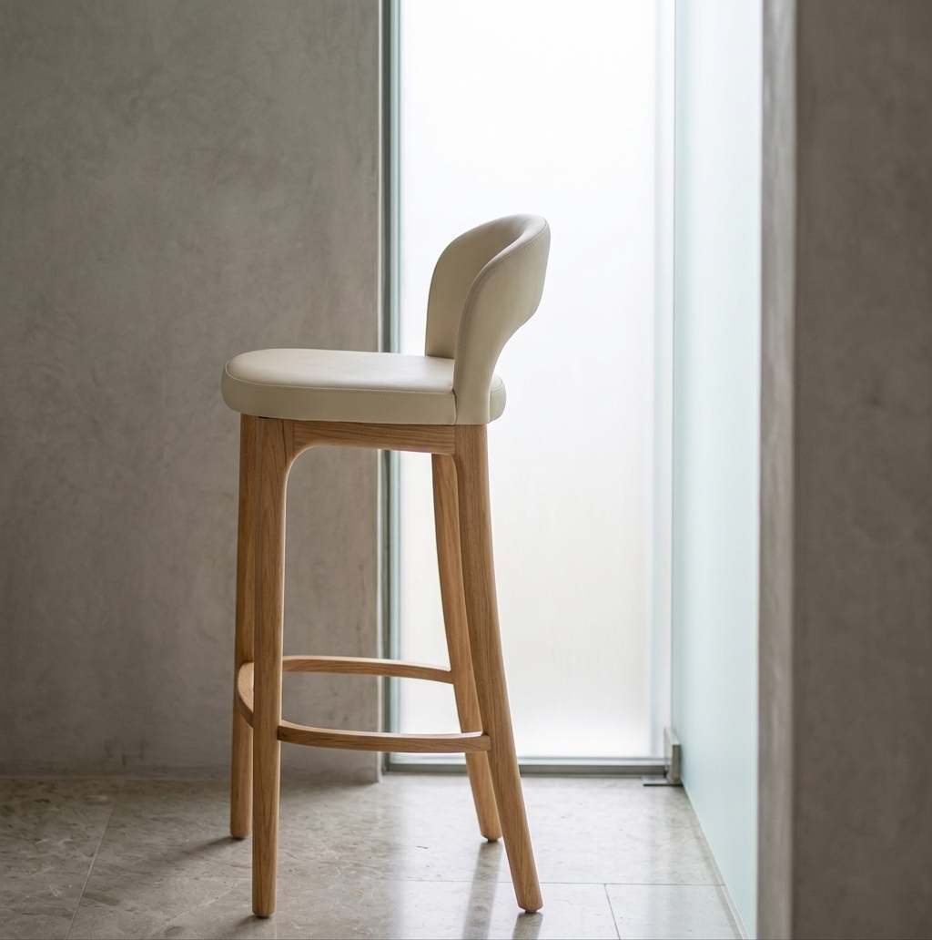An incredibly lifelike, richly detailed, photorealistic side-profile full shot of an elegant modern counter stool set in a serene, minimalist haven bathroom. The scene is illuminated by soft, diffused morning daylight pouring through a frosted floor-to-ceiling glass panel, creating a calming, spa-like atmosphere. Captured with a 50mm f/1.8 lens, emphasizing the smooth, organic grain of the natural light oak legs and the seamless, supple texture of the cream-colored matte vinyl upholstered seat and contoured backrest. The stool stands gracefully against a backdrop of seamless microcement walls and subtle stone floor tiles, with sharp focus rendering the precise wood joinery of its dual footrests, cast shadows, and gentle ergonomic curves with crisp, tactile clarity.