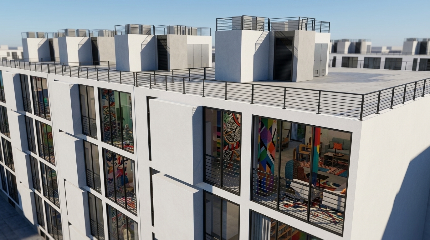 An incredibly lifelike, richly detailed, photorealistic elevated high-angle shot of a contemporary multi-story modular building set in a sleek urban environment. The scene is illuminated by crisp, direct afternoon sunlight casting sharp geometric shadows along the facade, creating a dynamic and sophisticated modern atmosphere. Captured with a professional wide-angle tilt-shift lens, emphasizing the fine textures of smooth white stucco panels, dark metal window mullions, and clean horizontal steel railings bordering the spacious open rooftop terrace. Through the expansive floor-to-ceiling glass apertures, vibrant interior spaces reveal an artistic, modern fusion aesthetic filled with colorful abstract floor patterns and bold accent pillars, creating a striking visual rhythm against the minimalist, high-contrast monochrome exterior.