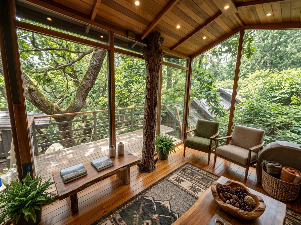 An incredibly lifelike, richly detailed, photorealistic wide-angle interior shot of a reimagined rustic mountain escape living room set in a lush forest canopy sanctuary. The scene is illuminated by bright summer midday sunlight streaming through floor-to-ceiling glass walls paired with the warm glow of integrated timber ceiling downlights, creating a cozy, serene, and deeply inviting atmosphere. Captured with a 24mm wide-angle lens, emphasizing the tactile grain of polished teak floorboards, the rugged natural bark of the central live tree column, and thick woven textile textures. The reimagined space features comfortable, deep-seated log and sturdy wooden armchairs upholstered in moss green and warm neutral linen, complemented by a substantial live-edge wood coffee table displaying curated outdoor photography books and ceramic accents. Lush potted ferns and hanging indoor plants seamlessly merge the interior with the dense treetop views outside, while understated mountain-inspired decor and earthy textures establish a harmonious, rugged alpine haven.