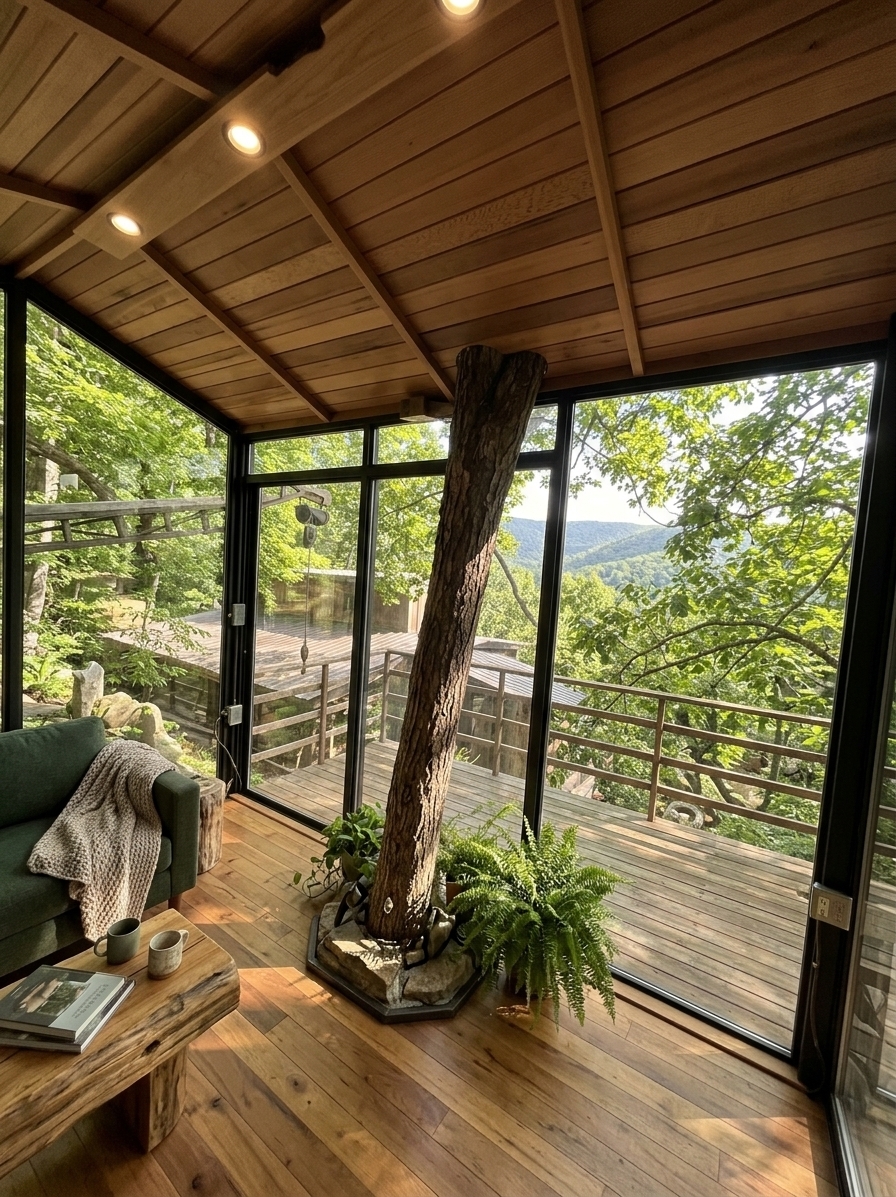 An incredibly lifelike, richly detailed, photorealistic wide-angle interior shot of a cozy alpine-inspired mountain escape living room set in a sun-drenched treetop cabin. The scene is illuminated by radiant midday summer sunlight pouring through floor-to-ceiling panoramic glass walls paired with the warm glow of integrated ceiling spotlights, creating an inviting, peaceful, and ruggedly refined atmosphere. Captured with a 24mm wide-angle lens, emphasizing the rich variations of the polished hardwood floor, the raw textured bark of the living tree trunk incorporated directly into the space, and the warm slat-wood ceiling. 

Furnished for ultimate comfort, the room features a deep forest-green upholstered sofa draped with chunky knit neutral throws, positioned alongside a heavy, hand-hewn log coffee table displaying glossy photography books and handcrafted ceramic mugs. Lush indoor potted ferns and trailing plants soften the clean black-metal structural frames, harmonizing with the breathtaking view of the vibrant summer tree canopy and mountain ridges visible just beyond the open deck. Earthy tones of deep moss green, warm timber browns, and textured neutral linens create a harmonious, deeply nestled sanctuary that effortlessly bridges the boundary between interior luxury and raw nature.