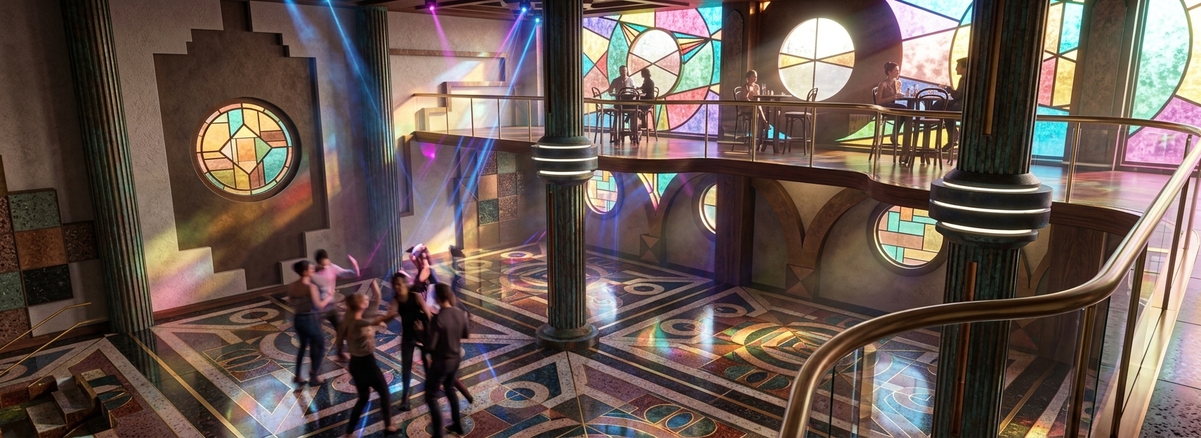 An incredibly lifelike, richly detailed, photorealistic wide-angle interior shot of a vibrant, multi-level avant-garde event and exhibition hall set in a luxurious cultural venue during a bright spring midday. The scene is illuminated by a dynamic blend of natural sunlight streaming through intricate stained-glass panels and a professional neon-noir club lighting setup, casting luminous laser beams, ambient volumetric haze, and vibrant jewel-toned spotlights across the room, creating an electric, celebratory atmosphere. Captured with a full-frame camera and an ultra-sharp 24mm wide-angle lens, emphasizing the mirror-like reflections on the polished geometric floor tiles, the rich metallic fluting of the monumental structural columns, and the textured matte finishes of the bold Art Deco wall reliefs. Lively figures of people are captured dancing on the kaleidoscopic ground floor, while the elevated wood-trimmed mezzanine above is arranged with refined cocktail tables and chairs overlooking the vibrant dance scene below.