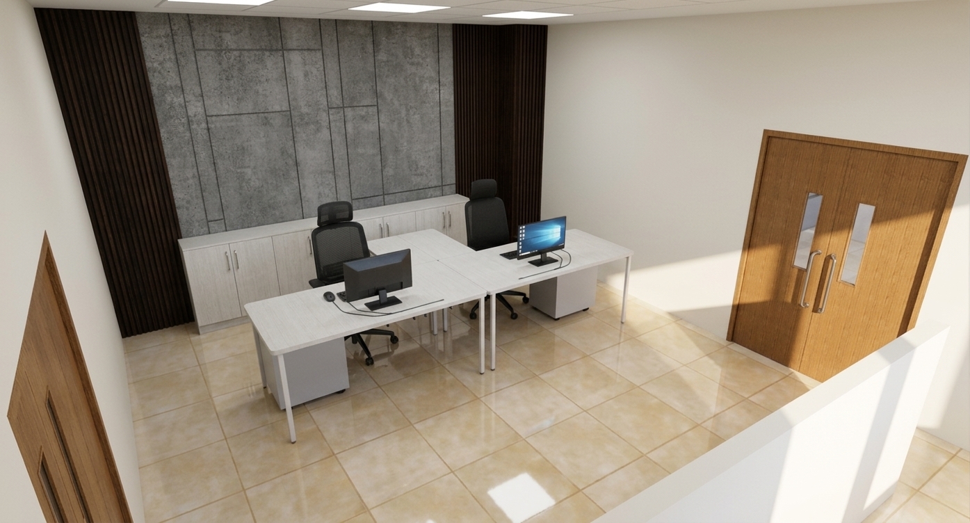 A high-angle interior photograph of the modern office bathed in crisp, bright summer midday sunlight streaming into the space. The concrete panel feature wall displays authentic micro-textures alongside dark vertical acoustic slats, while the white laminate workstations and black mesh ergonomic task chairs show realistic material textures and subtle surface sheens. Sharp, natural shadows cast cleanly beneath the furniture across the polished light beige tiled floor with accurate specular reflections. The warm oak double doors feature realistic wood grain and brushed metal hardware, captured through a wide-angle architectural lens with neutral daylight color temperature, sharp depth of field, and subtle, natural lens vignetting.