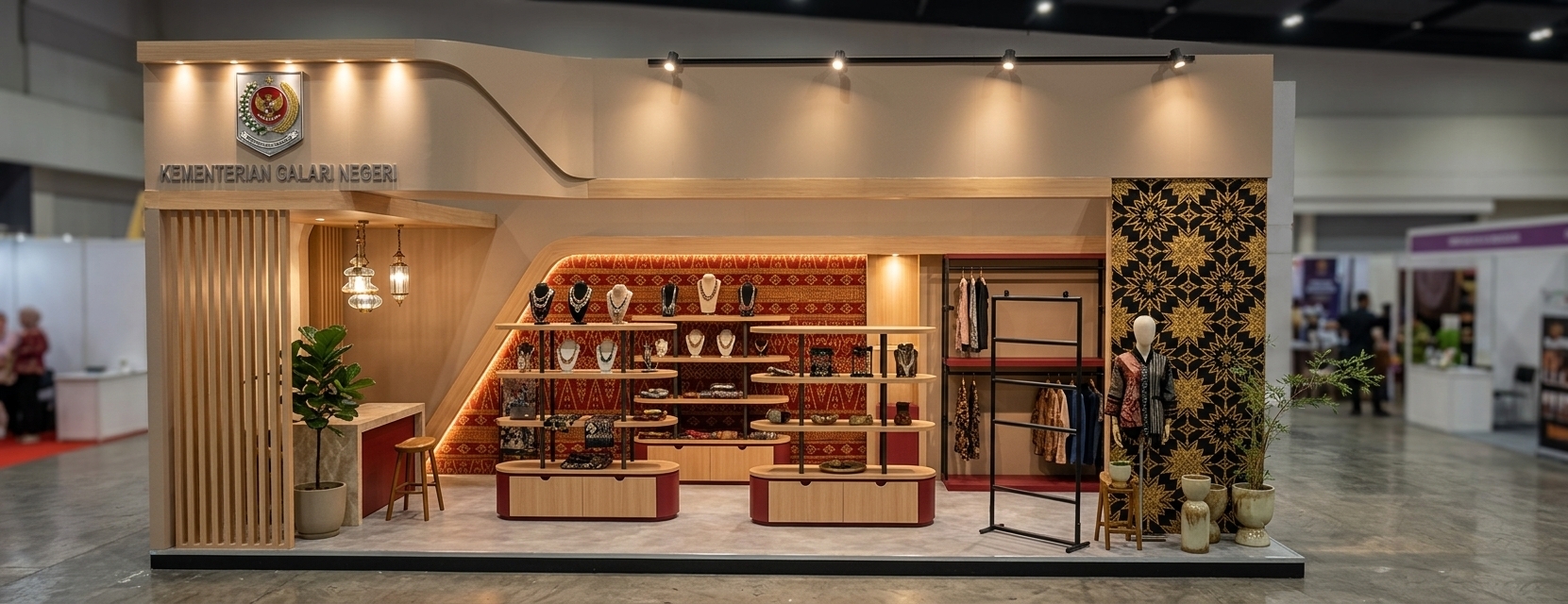 An incredibly lifelike, richly detailed, photorealistic eye-level interior photo of a sophisticated exhibition booth for the Dewan Kerajinan Nasional set in a contemporary convention center. The scene is illuminated by directional warm track spotlights and soft interior accent lighting, creating an inviting, elegant, and culturally resonant atmosphere. Captured with a professional 24mm tilt-shift architectural lens, emphasizing the fine textures of traditional Indonesian textiles, smooth curved wood joinery, and delicate beaded craftwork. 

The mid-century modern-inspired booth features clean horizontal lines and flowing curves finished in a refined palette of warm beige, natural timber, and deep crimson red. At the rear, an ornate red and gold traditional motif backdrop creates a vibrant focal point behind modular, rounded display shelves showcasing artisanal beaded displays and local handicrafts. The left side is framed by vertical natural wood louvers beside a minimalist reception counter accented with indoor foliage, while the right section features a striking black-and-gold geometric batik accent column, a styled fashion mannequin, sleek clothing rails, and sculptural ceramic decor that harmoniously fuse Indonesian cultural heritage with modern exhibition design.