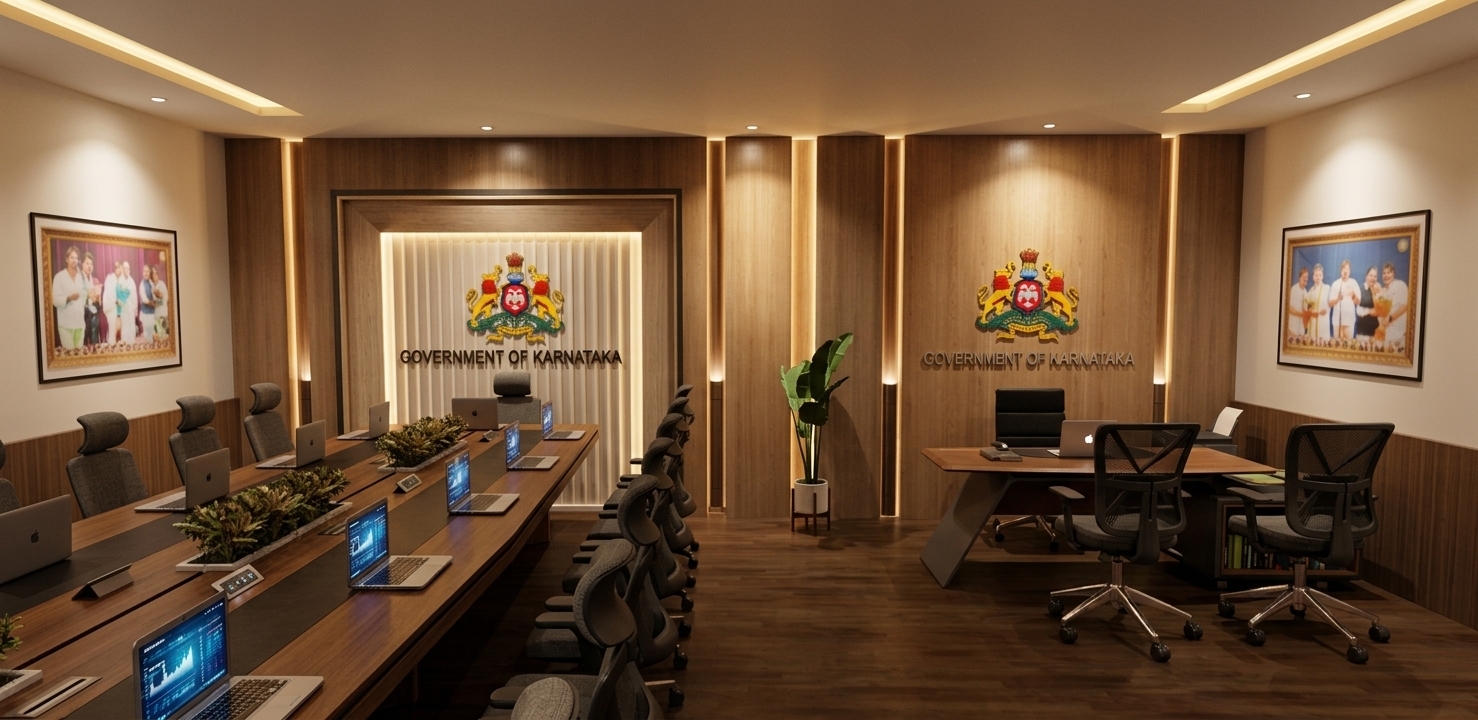 A photorealistic architectural interior photograph capturing the exact room layout under warm, integrated artificial lighting, featuring soft golden-toned LED cove lights accentuating the vertical wood wall panels and ribbed feature wall. The wooden conference and executive desks exhibit realistic natural grain and soft specular highlights, while open laptop screens emit a subtle cool glow against the warm ambient tone. Office chairs display detailed mesh and leather textures, framed wall portraits show realistic glass reflections, and the Government of Karnataka emblems catch the warm directional light with a fine metallic sheen, captured cleanly on a sharp wide-angle lens with natural depth of field and subtle photographic grain.
