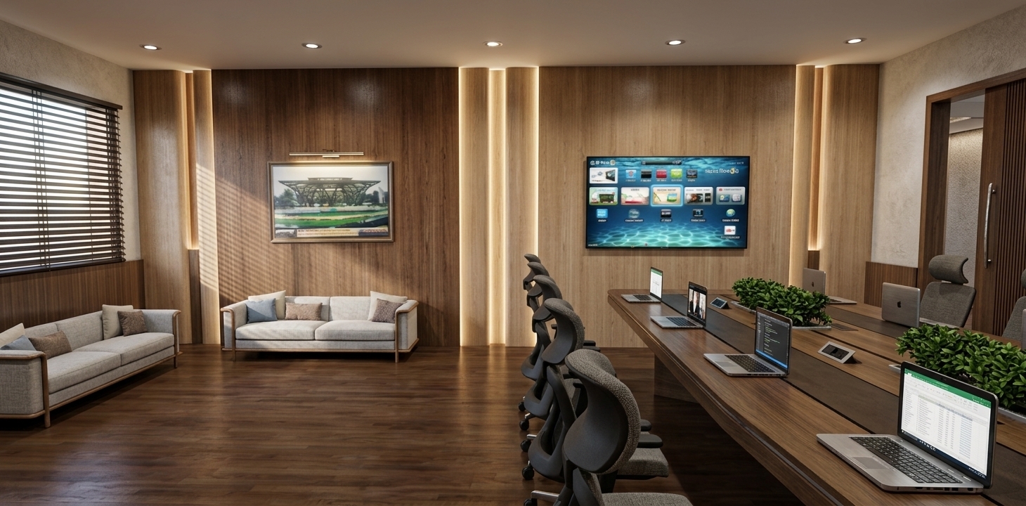 A crisp architectural photograph capturing the modern executive conference and lounge room, maintaining the exact layout, camera perspective, and composition. The space is illuminated by warm artificial lighting from recessed downlights, sleek vertical wall sconces, and the subtle ambient glow of the mounted television and laptop displays. Natural wood textures on the wall paneling, conference table, and hardwood floor show authentic grain and soft specular reflections. Sunlight softly filters through the horizontal window blinds, casting realistic diffuse shadows alongside comfortable upholstered sofas and ergonomic office chairs. Captured with a professional wide-angle lens, the scene features balanced warm color temperatures, micro-textures on fabrics and plastics, and rich, lifelike interior depth.