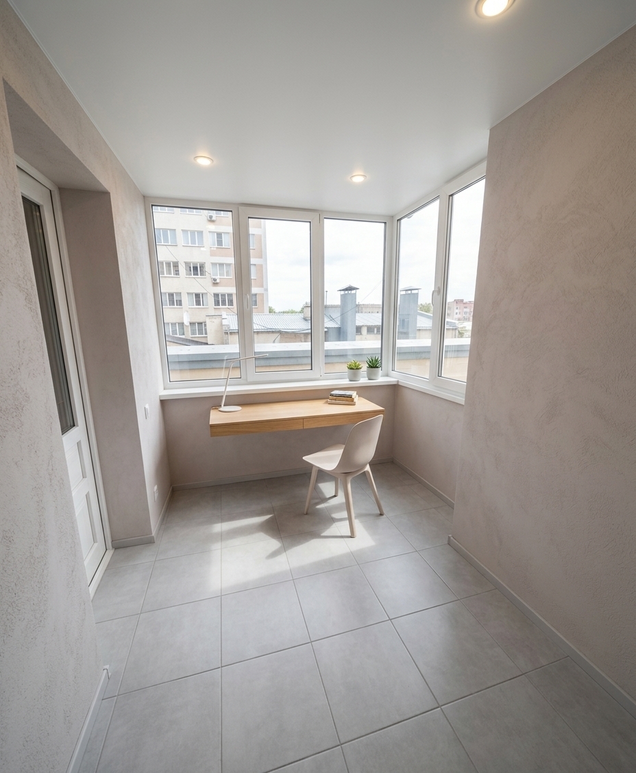 An incredibly lifelike, richly detailed, photorealistic wide-angle interior shot of a transformed balcony reimagined as a minimalist study haven set in a bright, modern city apartment. The scene is illuminated by abundant natural daylight streaming through the expansive picture windows, supplemented by the warm glow of clean recessed ceiling spotlights, creating an airy, focused, and tranquil atmosphere. Captured with a professional 24mm architectural lens, emphasizing the delicate tactile texture of the newly brightened light taupe walls, the crisp smooth finish of the original white ceiling, and the neat geometry of light gray 30x30 cm square matte ceramic floor tiles. Perfectly scaled for productivity, the minimalist retreat features a slim natural oak floating work desk fitted beneath the window sill, paired with a sleek, ergonomic designer chair, a minimalist task lamp, and subtle green potted accents, creating an uncluttered, peaceful sanctuary for contemplation and focus.