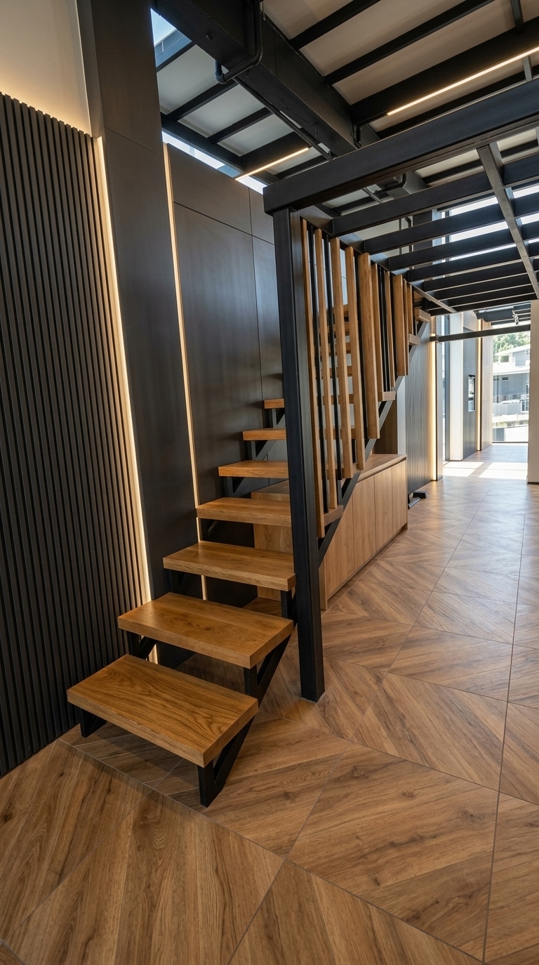 An incredibly lifelike, richly detailed, photorealistic wide-angle interior shot of a bespoke architectural staircase set in a sun-drenched, contemporary exhibition space. The scene is illuminated by brilliant midday summer sunlight washing in through large perimeter glazing and complemented by warm, recessed LED strip illumination, creating an airy, refined, and sophisticated gallery atmosphere. Captured with a full-frame camera and a 24mm tilt-shift lens, emphasizing the rich organic wood grains, matte black steel textures, and sleek architectural paneling.

The open-concept area features warm oak-toned wooden plank floor tiles laid parallel to the expansive treads of the floating staircase, grounding the room in natural elegance. Rising alongside the matte black structural steel frame, a state-of-the-art balustrade showcases an artistic array of variable-width vertical slats, creating a rhythmic and sculptural focal point. The adjacent accent wall is transformed by a dynamic composite of modern dark fluted paneling and smooth architectural wallboards, framed by integrated vertical cove lighting that casts a soft, dramatic glow across the surfaces. Seamlessly integrated under the base and lower run of the stairs, custom flush-front wooden cabinetry with matching natural grain provides sleek, minimalist storage, perfectly balancing form, proportion, and contemporary exhibition-grade elegance.