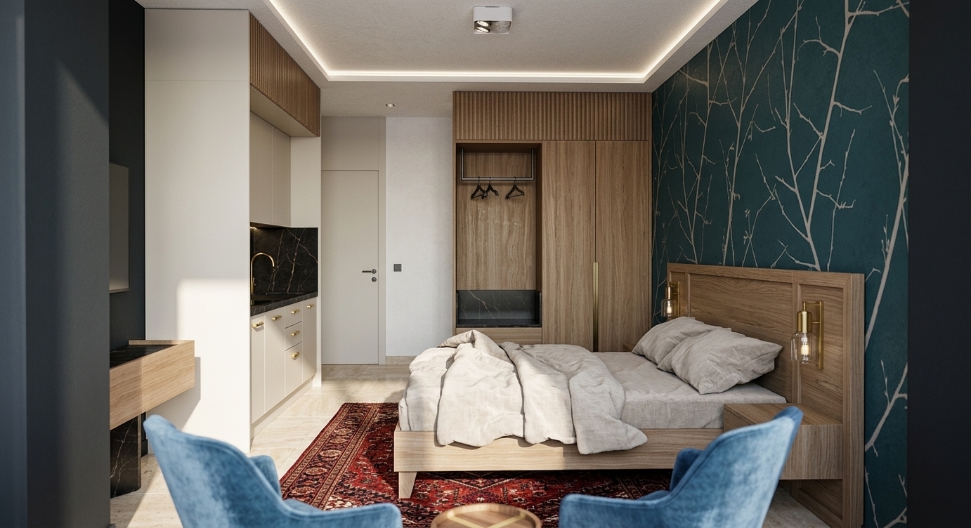 A photograph of the hotel suite interior captured with a 35mm architectural lens, filled with bright, high-angle midday summer sunlight spilling natural fill and soft ambient bounce across the room. The dark teal botanical accent wall exhibits a smooth matte finish, contrasting against the natural grain of the light oak headboard, floating nightstands, and bedframe. Crisp white cotton bedding displays realistic folds and soft fabric creasing, set over the rich woven texture of the red area rug. Light tiles on the floor reflect gentle, diffused daylight, while the matte cream cabinetry, dark marble backsplashes, and brushed metallic hardware on the kitchenette and wardrobe show subtle surface reflections. Natural depth of field, delicate global illumination, and subtle photographic grain bring realism to the entire space while perfectly maintaining the original composition and geometry.