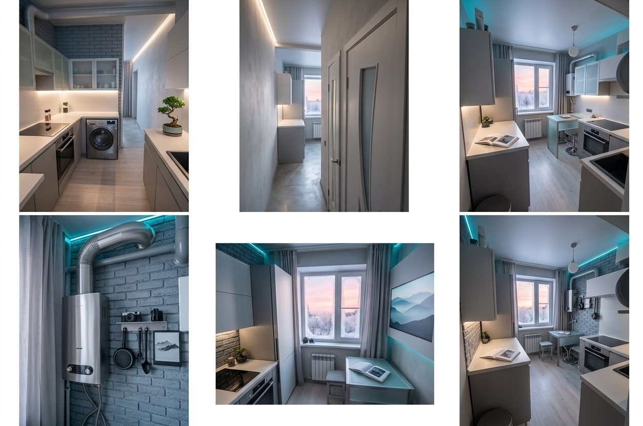 An incredibly lifelike, richly detailed, photorealistic wide-angle interior shot of a fully modernized kitchen set in a compact urban apartment during a serene winter evening. The scene is illuminated by the soft, rosy glow of a sunset filtering through frost-kissed double-glazed windows, mingled with discreet neon cyan and warm-white LED backlighting beneath seamless floating cabinetry, creating a tranquil, high-tech digital zen atmosphere. Captured with a full-frame 24mm f/2.8 lens, emphasizing smooth matte finishes, brushed titanium accents, and reflection-free glass surfaces, the transformed space leaves behind its former clutter and exposed utility pipes for an ultra-streamlined layout finished in shades of cool grays and crisp whites. An ultra-thin digital landscape wall art screen mounted above the seamless quartz countertop gently shifts through serene misty mountain visuals, harmonizing cyberpunk edge with Zen simplicity. A compact, clutter-free breakfast bar crafted from sleek brushed metal and frosted glass is paired with a minimalist stool, upon which rests an open photography book beside a single sculpted indoor bonsai plant in a smart ceramic pot. Fully integrated, concealed smart appliances replace the bulky stove and exposed water heater, ensuring impeccable human-scale functionality, spatial balance, and a peaceful, innovative sanctuary that beautifully reframes the small footprint into a futuristic retreat.