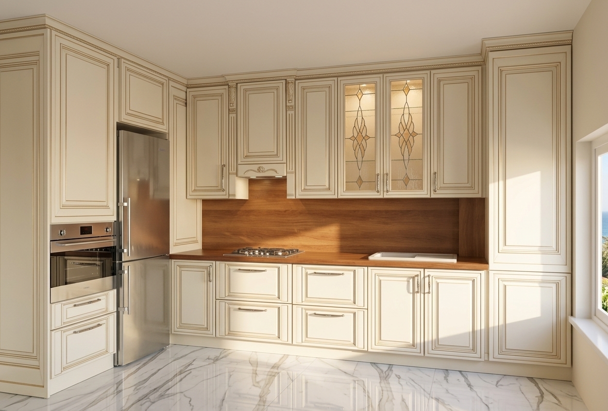 An incredibly lifelike, richly detailed, photorealistic wide-angle interior photograph of an elegant classical kitchen set in a luxurious, sun-drenched coastal home. The scene is illuminated by soft morning sunlight streaming in with the gentle ambiance of a coastal breeze, creating a warm, airy, and sophisticated atmosphere. Captured with a professional 24mm tilt-shift lens, emphasizing the delicate gold patina brushed along the ornate moldings of the creamy antique-white cabinetry and the polished sheen of the large-format white Carrara marble floor tiles. The exact layout features a tall column with a sleek built-in stainless steel oven beside an integrated refrigerator on the left, leading to a continuous warm-toned wooden countertop and matching rich brown backsplash with a flush-mounted stovetop and preparation sink. Elegant upper cabinets, highlighted by leaded stained-glass central doors with amber accents and refined handles, complete this timelessly crafted, functional masterpiece.