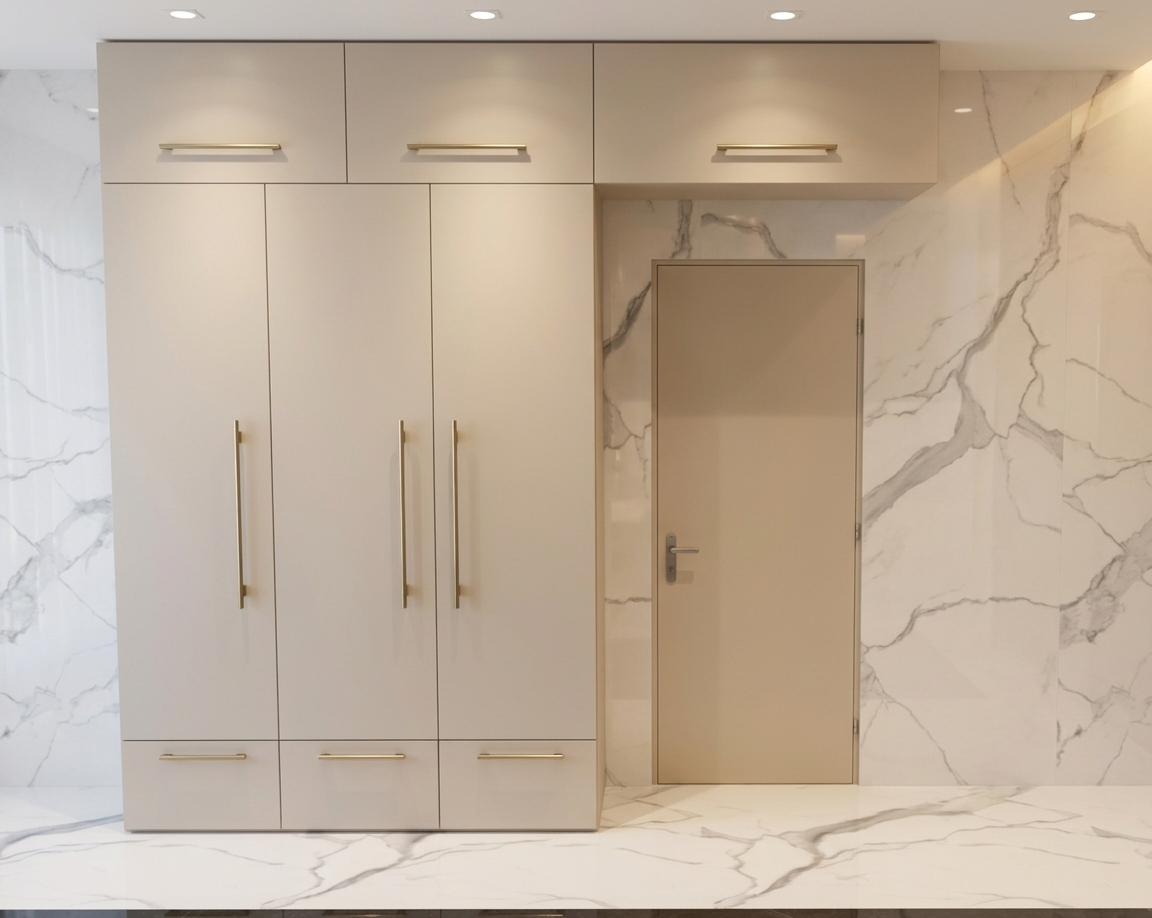 An incredibly lifelike, richly detailed, photorealistic interior eye-level shot of a bespoke walk-in closet set in a sophisticated modern penthouse. The scene is illuminated by soft, recessed architectural ceiling lights and warm ambient glow, creating an airy, light-filled, and elegantly refined atmosphere. Captured with a 50mm tilt-shift lens, emphasizing the seamless matte finish of the champagne cabinetry and the glossy reflections on the polished stone surfaces. The composition centers on a clean-lined, floor-to-ceiling wardrobe finished in shades of soft champagne and warm pearl lacquer, fitted with slim brushed-brass metal pull handles and an overhead storage bridge spanning elegantly over a minimalist interior door. In the background, dramatic bookmatched white marble wall cladding with graceful grey veining pairs harmoniously with the deep, polished charcoal stone flooring, creating a balanced, luxurious aesthetic that defines contemporary elegance.