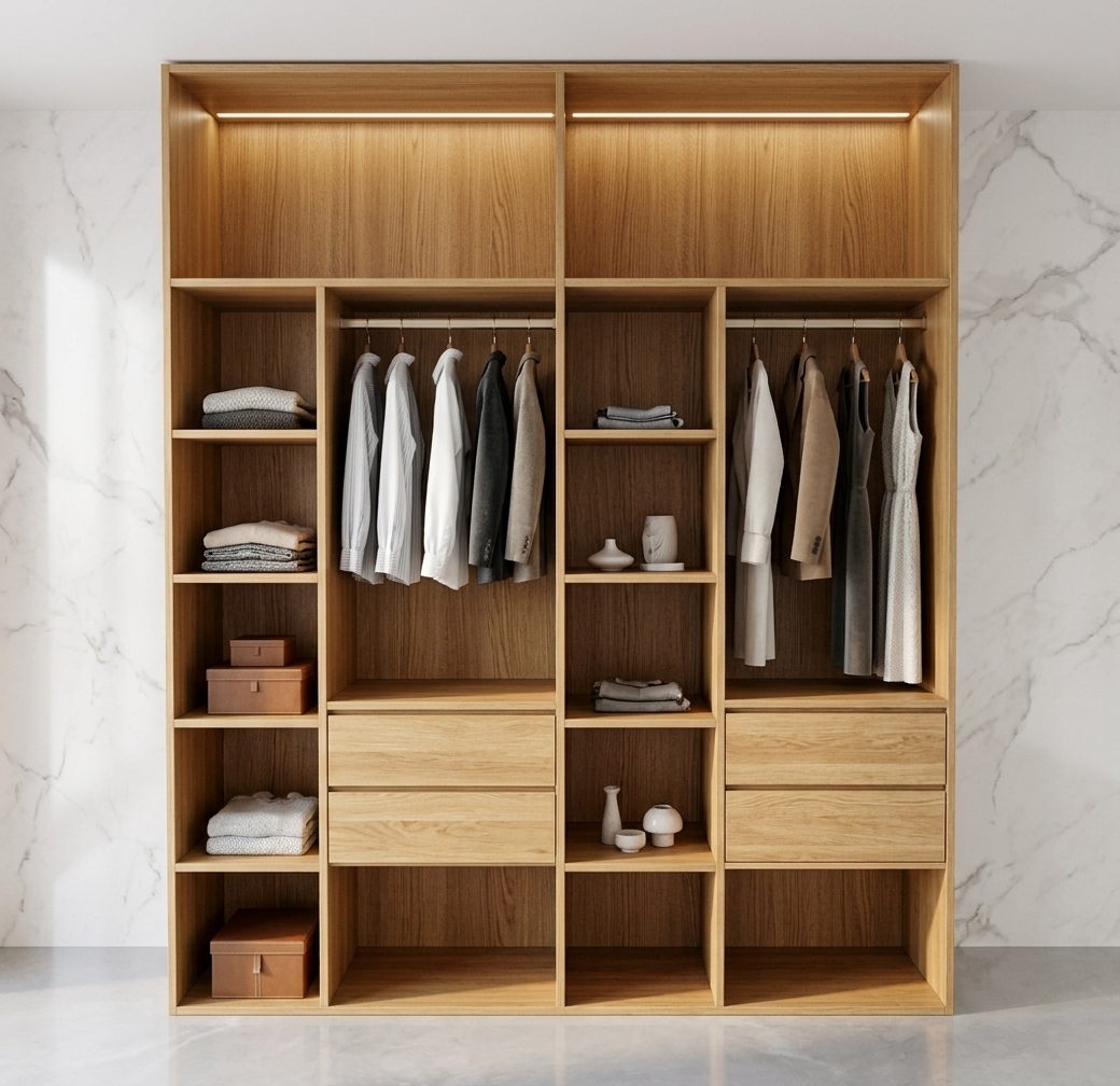 An incredibly lifelike, richly detailed, photorealistic eye-level interior shot of a bespoke, open-concept walk-in closet wardrobe set in an elegant, contemporary dressing suite. The scene is illuminated by integrated, soft warm LED strip lighting recessed into the shelving and diffused, natural light spilling across polished surfaces, creating a refined, airy, and sophisticated atmosphere. Captured with a 35mm architectural lens at f/8, emphasizing the rich vertical grain of the honey-toned natural oak millwork, slim brushed champagne metal hanging rods, and the subtle gray veining of the polished pearl-white marble wall backdrop. The balanced, symmetrical layout showcases meticulously crafted seamless drawers, curated open storage compartments, and generous hanging bays, all harmoniously grounded on a smooth, polished soft-gray stone floor.