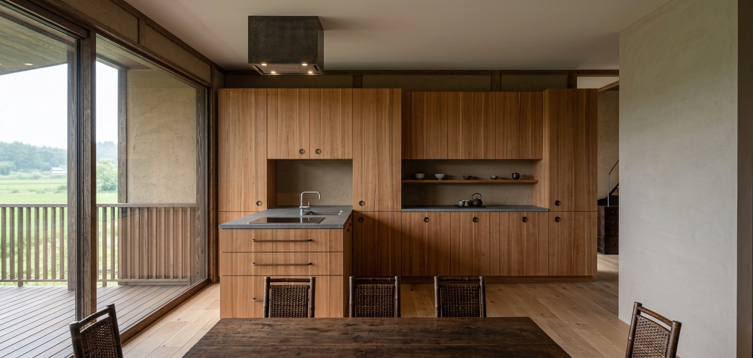 An incredibly lifelike, richly detailed, photorealistic wide-angle interior shot of a Japanese Zen kitchen and dining area set in a modern wooden countryside retreat. The scene is illuminated by soft, diffused natural daylight pouring through expansive floor-to-ceiling sliding glass balcony doors, creating a serene, peaceful, and contemplative atmosphere. Captured with a 24mm architectural lens, emphasizing natural wood grain textures, raw timber surfaces, and warm earthy tones. The space showcases custom, clean-lined vertical cabinetry with textured wood finishes, an integrated peninsula featuring a minimalist cooktop and sink, and a rustic dark timber dining table with matching low-profile chairs in the foreground, perfectly blending rustic country charm with mindful, minimalist Japanese elegance.
