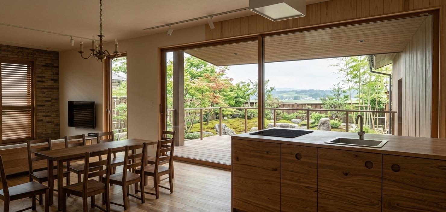 An incredibly lifelike, richly detailed, photorealistic wide-angle interior photo of an open-concept living and dining space in a modern Japanese Zen-inspired wooden village house set in a tranquil countryside. The scene is illuminated by soft, diffused daylight pouring through expansive floor-to-ceiling glass sliding doors, creating a warm, meditative, and serene atmosphere. Captured with a 24mm f/4 architectural lens, emphasizing the tactile textures of organic wood grain, smooth matte surfaces, and clean linear detailing. In the foreground, a minimalist kitchen island crafted from natural timber features an integrated sink, induction cooktop, and refined circular cutout pulls. Adjacent to it, a dark-stained solid wood dining table is surrounded by sleek matching chairs beneath an understated brass chandelier, while broad glass doors seamlessly merge the interior with a spacious, airy covered terrace overlooking nature.