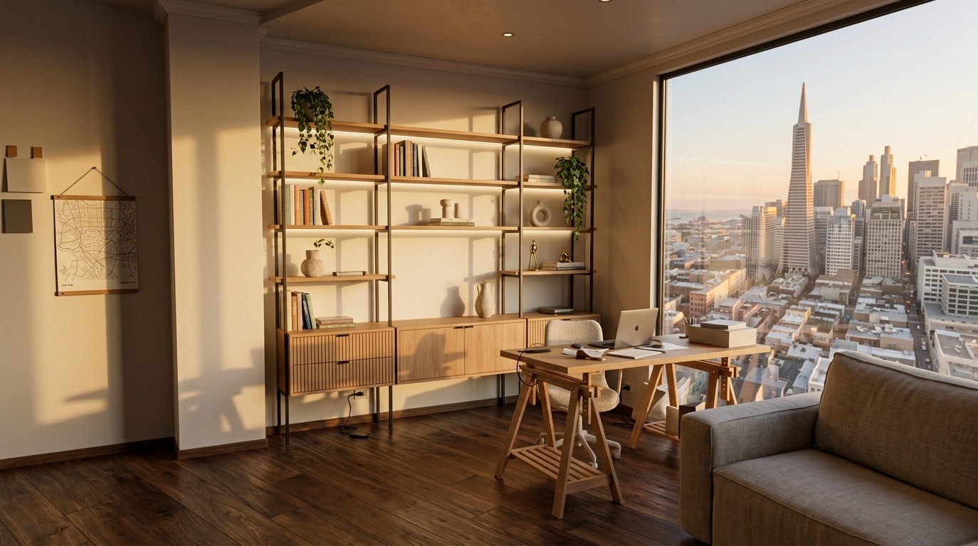 An incredibly lifelike, richly detailed, photorealistic wide-angle interior shot of a reimagined modern fusion home office set in an elegant urban apartment. The scene is illuminated by warm, golden-hour sunset light casting soft diagonal shadows across the rich dark flooring, creating an inspiring, tranquil, and sophisticated atmosphere. Captured with a 35mm f/2.8 lens, emphasizing tactile natural wood grains, brushed brass accents, and matte ceramic textures. 

Filling the 283 cm recessed wall flush with the 31 cm structural column is a custom-designed, semi-open modular wall system in warm white oak and minimalist metal uprights. The base features a low-profile credenza with sleek, handle-less fluted wood drawers and closed cabinetry designed to seamlessly conceal crafting materials, fabrics, and supplies. Rising above it is an airy, asymmetric open shelving framework illuminated with soft integrated LED strip backlighting; these shelves showcase color-coordinated art and design books, trailing potted plants, organic ceramic vases, and minimalist brass figurines. Adjacent to this bespoke storage wall, the workspace is elevated with a refined, streamlined desk in natural timber, paired with a contemporary ergonomic boucle chair, transforming the once-empty corner into a balanced, highly functional, and visually captivating creative studio.