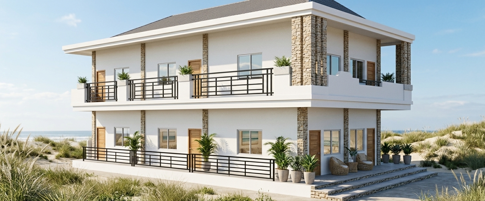 An incredibly lifelike, richly detailed, photorealistic wide-angle architectural shot of a contemporary two-story coastal villa set in a sun-drenched seaside environment. The scene is illuminated by brilliant, sun-kissed daylight paired with a soft coastal breeze, creating an airy, light, and relaxed nautical atmosphere. Captured with a professional 24mm tilt-shift lens, emphasizing the crisp white stucco exterior, warm natural wood entry doors, textured stone cladding, and sleek matte-black metal balcony railings. Surrounding the expansive upper and lower wraparound verandas are lush potted palms and coastal greenery, while glimpses through reflective glass windows hint at uncluttered, breezy interiors styled with sandy neutral tones, serene seascape art, and woven wicker elements that embody modern beachside luxury.