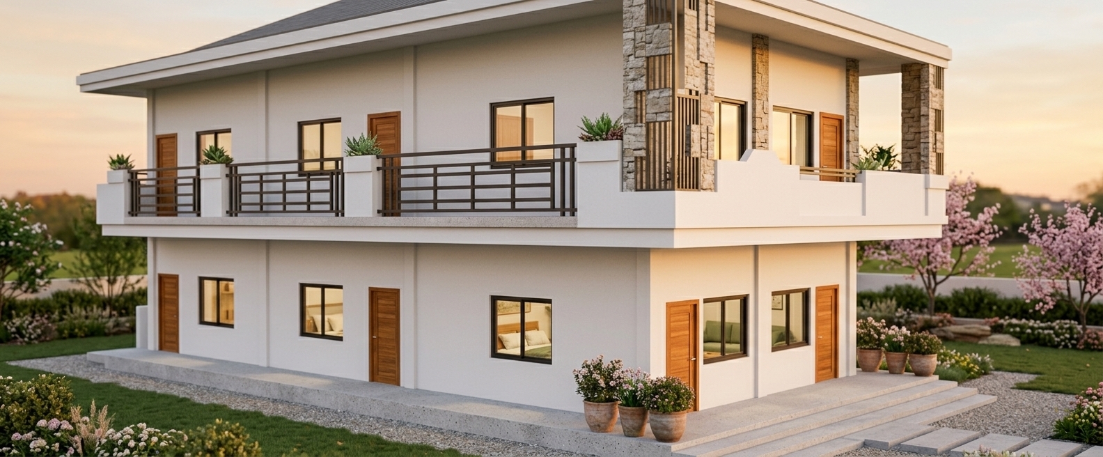 An incredibly lifelike, richly detailed, photorealistic eye-level architectural shot of a contemporary two-story Scandinavian sanctuary set in a serene, blossoming spring landscape. The scene is illuminated by the warm, low-angled golden glow of a tranquil sunset, creating a peaceful, airy, and hygge-inspired atmosphere. Captured with a 35mm architectural tilt-shift lens, emphasizing the smooth, crisp white stucco facade, rich natural wood doors, fine charcoal metal balustrades, and stone-textured accent pillars. The wrap-around balconies and entrance steps are gracefully accented by curated minimalist planters filled with subtle spring greenery, while the expansive glass windows catch soft amber sky reflections and offer warm, inviting glimpses of clean, minimalist interiors styled in soothing shades of white, soft gray, and gentle sage green.