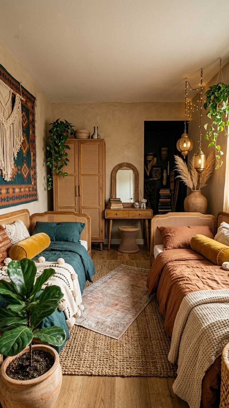 An incredibly lifelike, richly detailed, photorealistic wide-angle interior photograph of a bohemian oasis twin bedroom set in a soulful, sun-drenched urban apartment retreat. The scene is illuminated by the soft golden glow of late-afternoon sunlight filtering into the room, complemented by warm ambient illumination from low-hanging perforated Moroccan brass lanterns and delicate fairy lights, creating a cozy, serene, and free-spirited atmosphere. Captured with a full-frame mirrorless camera paired with a 24mm wide-angle lens at f/4, emphasizing the tactile textures of chunky woven textiles, artisanal rattan, weathered wood grains, and lush botanical foliage.

The reimagined space completely sheds its former sterile aesthetic in favor of a layered, globally-inspired bohemian sanctuary. The glossy ceiling is replaced by a warm, matte lime-washed ceiling with subtle texture, instantly grounding the room. The walls are finished in a soft, earthy sand plaster, featuring an accent wall draped with a dramatic, large-scale woven macrame and vintage geometric kilim tapestry in shades of deep teal, burnt terracotta, and warm ochre. 

Flanking the room are two beautifully styled daybeds with natural cane and carved teak headboards. Each bed is styled with relaxed, rumpled washed linen in deep teal and warm rust, topped with an eclectic mix of velvet mustard bolster pillows, hand-loomed Moroccan pom-pom blankets, and textured waffle throws. 

Between the beds, the floor features rich, warm wide-plank oak overlaid with an artful composition of layered rugs: a large, chunky natural jute rug serving as the grounding base, topped diagonally by a soft, faded Persian runner with intricate vintage motifs. 

At the far end of the room, the former basic desk is replaced by a vintage mid-century mango wood vanity desk with brass hardware, displaying stacked hardbound photography and travel books, ceramic incense burners, and a carved arch mirror surrounded by soft ambient vanity lighting. Across from it, the bulky wardrobe transforms into an elegant double-door armoire with woven rattan door panels and antique brass handles.

Abundant botanical life breathes energy into the space: cascading pothos and string-of-pearls trail down from hanging macrame planters, a potted fiddle-leaf fig stands in a handcrafted clay pot in the corner, and an oversized earthen vase holds voluminous, feathery pampas grass stems. The room strikes a perfect harmonious balance between eclectic charm, functional living, and peaceful, artistic warmth.