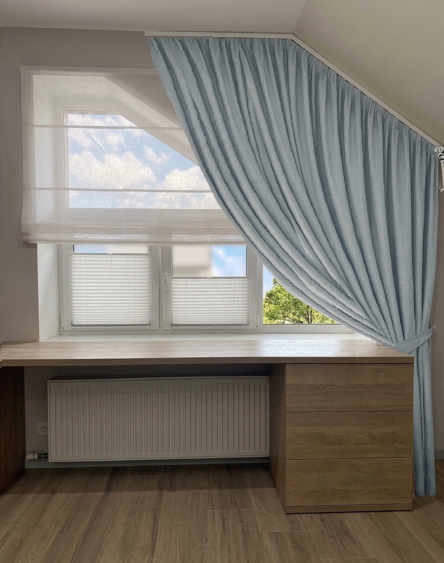 A real photograph captured on a 35mm lens at eye level, preserving the exact room layout, sloped window, draped light blue linen curtain, sheer blinds, and built-in oak desk over the radiator. Bright midday spring sunlight streams naturally through the window, revealing lush green foliage outside and casting soft, realistic shadows across the matte wooden desk and floor. Authentic textures show the woven fabric micro-details, subtle drape creases, and natural wood grain with soft reflections, balanced by true-to-life dynamic range, mild optical falloff, and faint sensor grain.